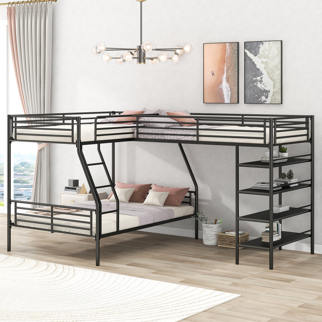 L Shaped Metal Twin Over Full Bunk Bed And Twin