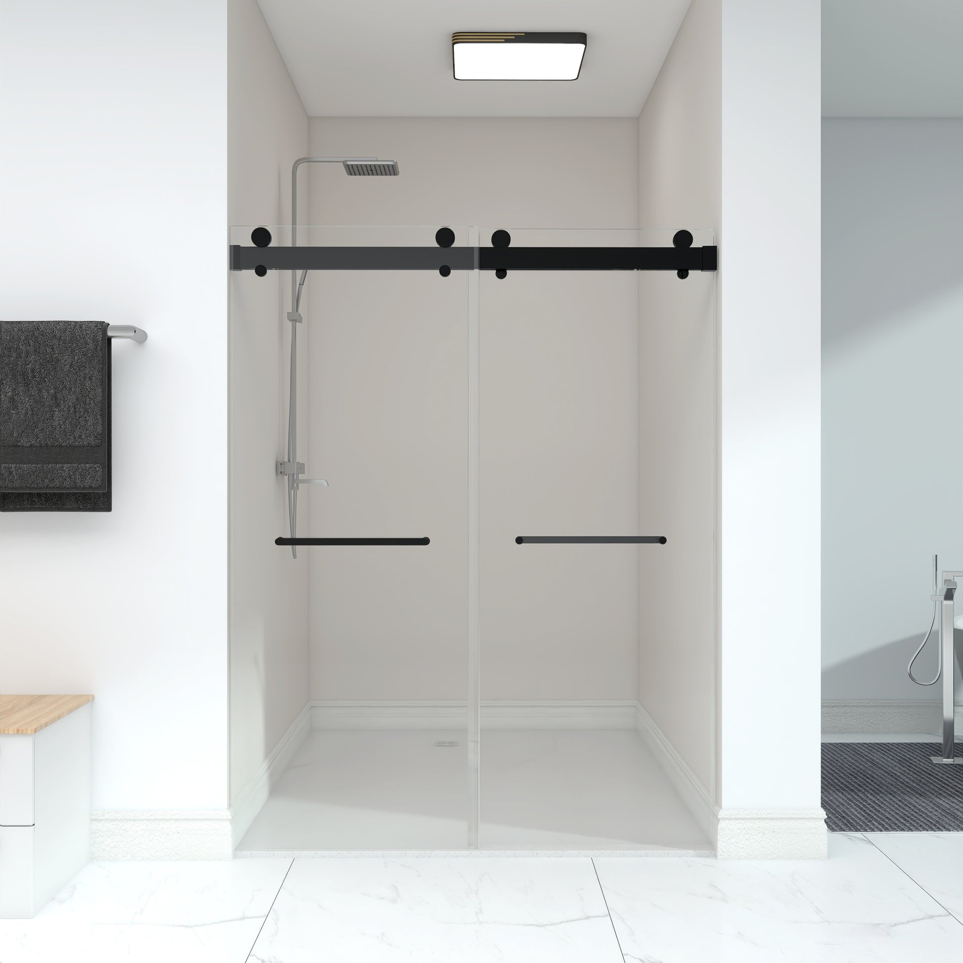 Frameless Double Sliding Shower, 69" 72" Width, 79" matte black-glass