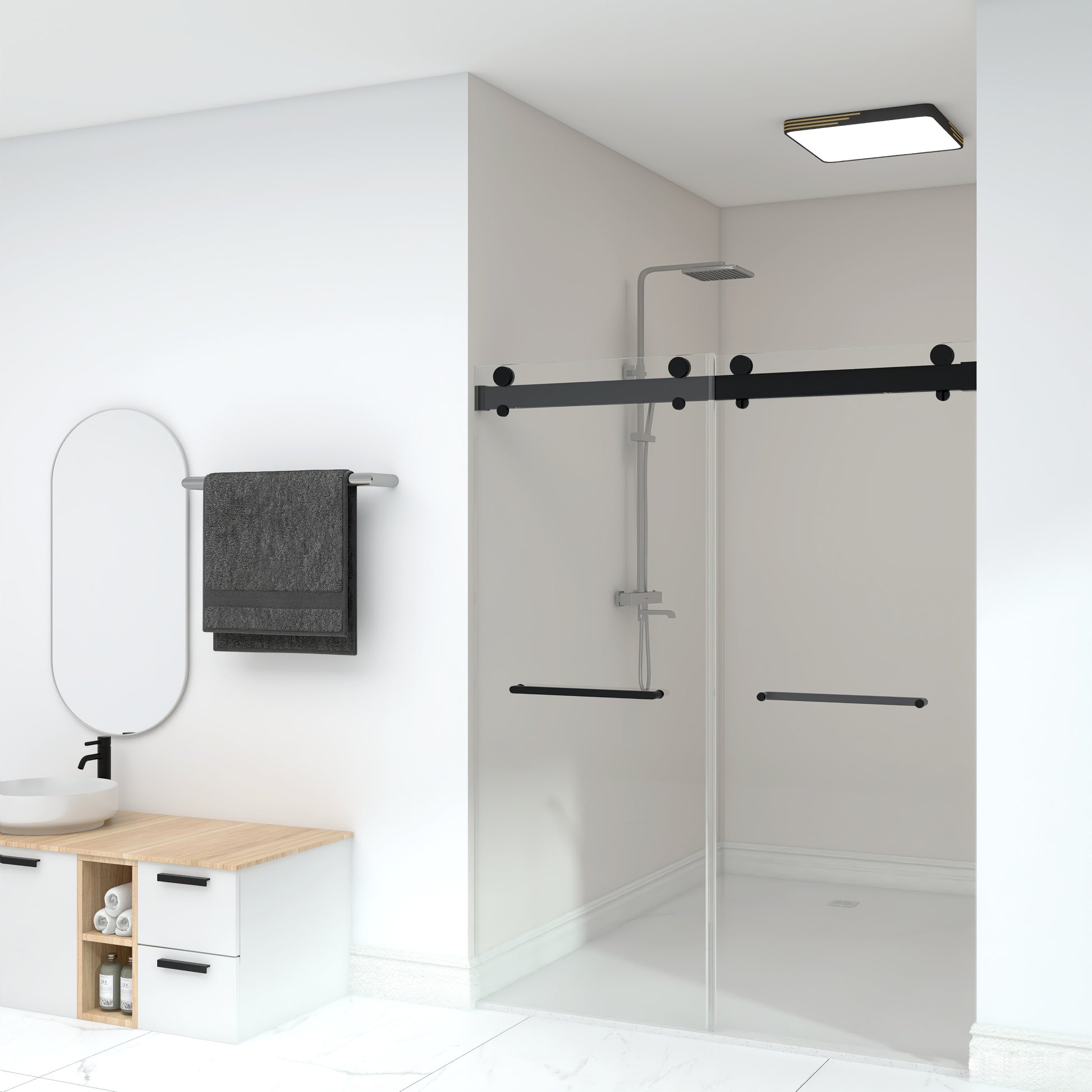 Frameless Double Sliding Shower, 69" 72" Width, 79" matte black-glass