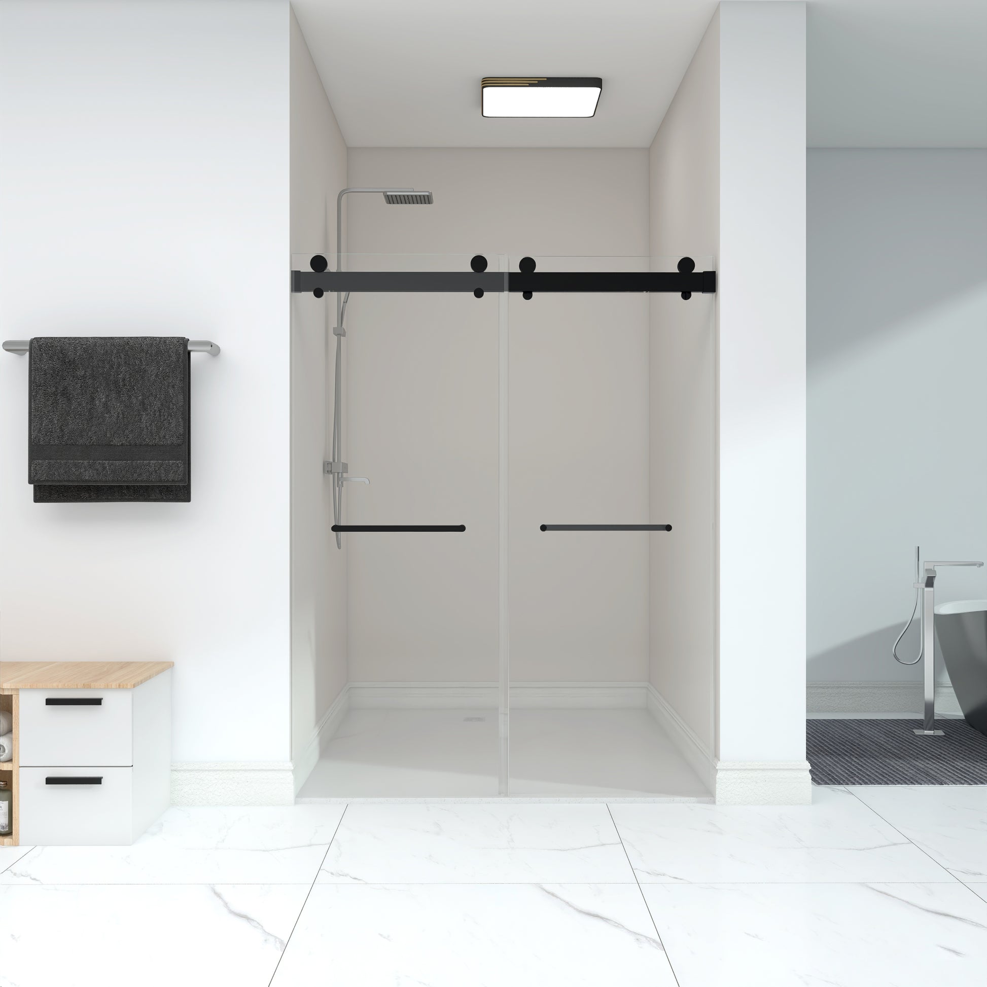 Frameless Double Sliding Shower, 69" 72" Width, 79" matte black-glass