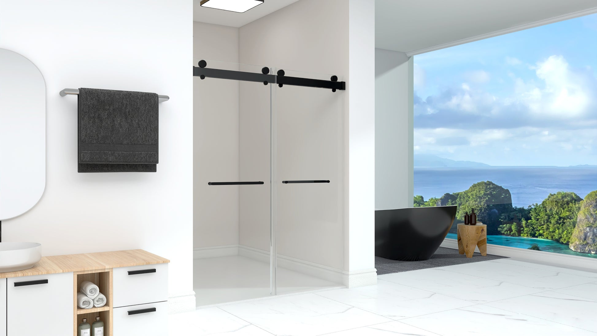 Frameless Double Sliding Shower, 69" 72" Width, 79" matte black-glass