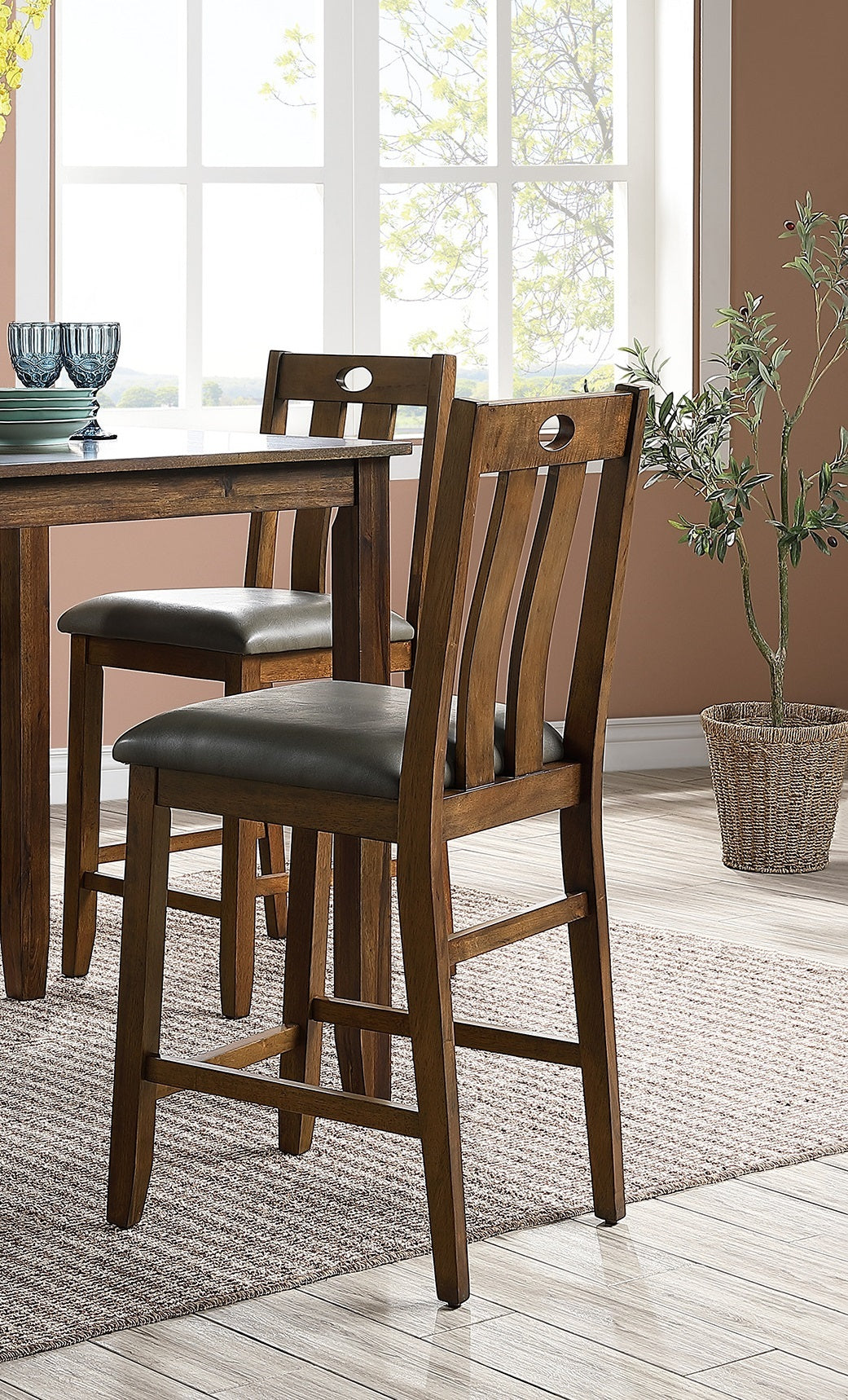 Natural Brown Finish Dinette 5pc Set Kitchen Breakfast wood-dining room-rubberwood-square-dining table