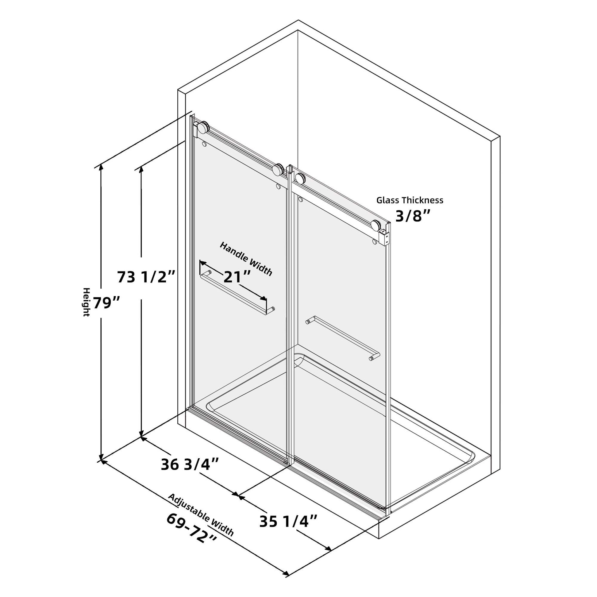 Frameless Double Sliding Shower, 69" 72" Width, 79" brushed nickel-glass