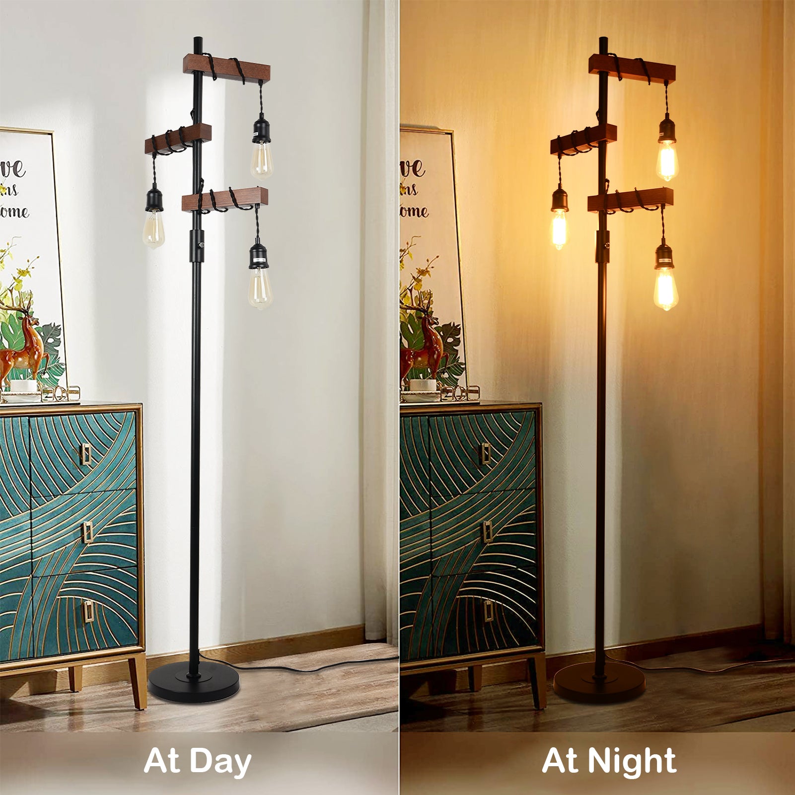 Farmhouse Tree Floor Lamp, 68 Inch 3 Lights Wood