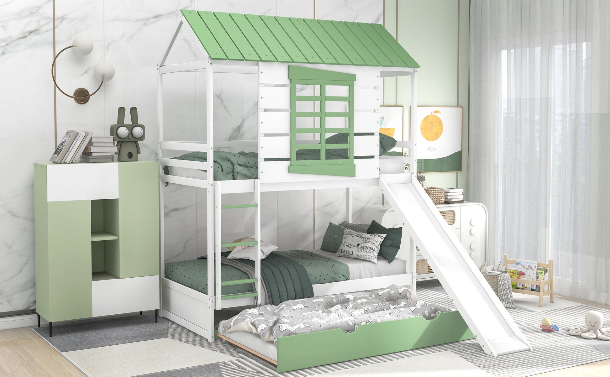 Twin over Twin Size House Bunk Bed with Convertible white-pine