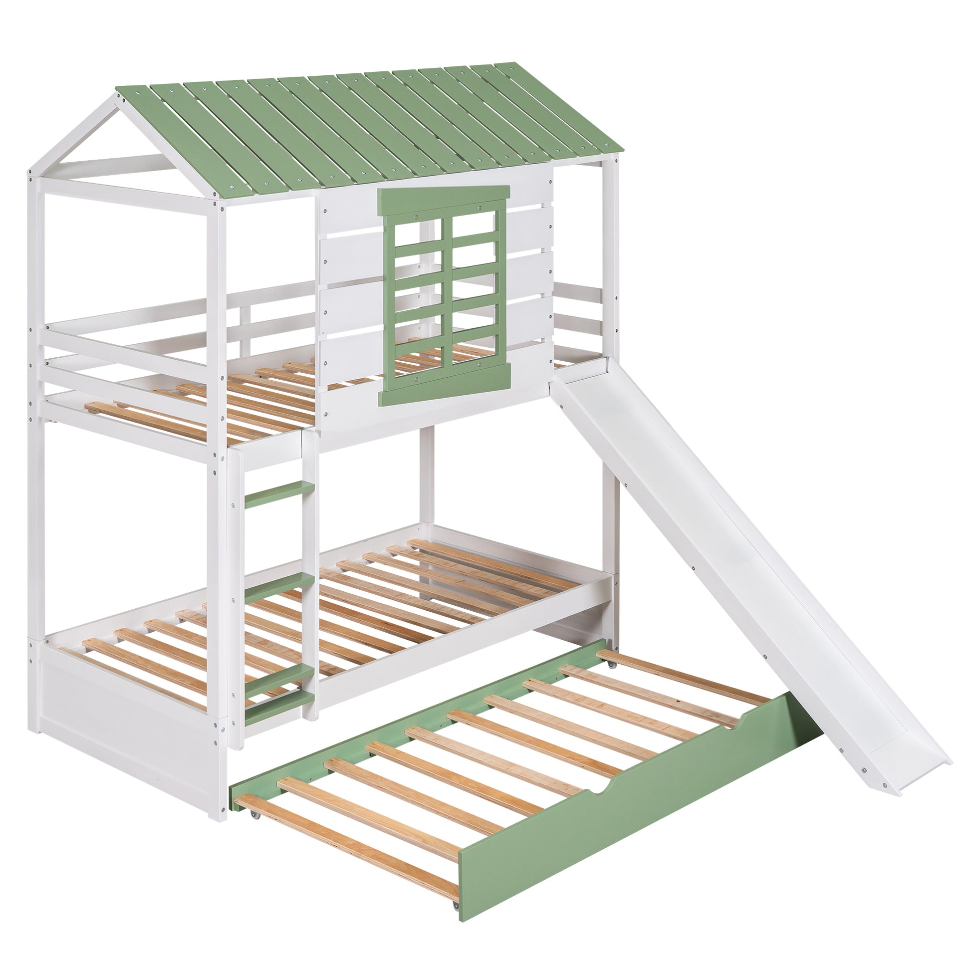 Twin over Twin Size House Bunk Bed with Convertible white-pine