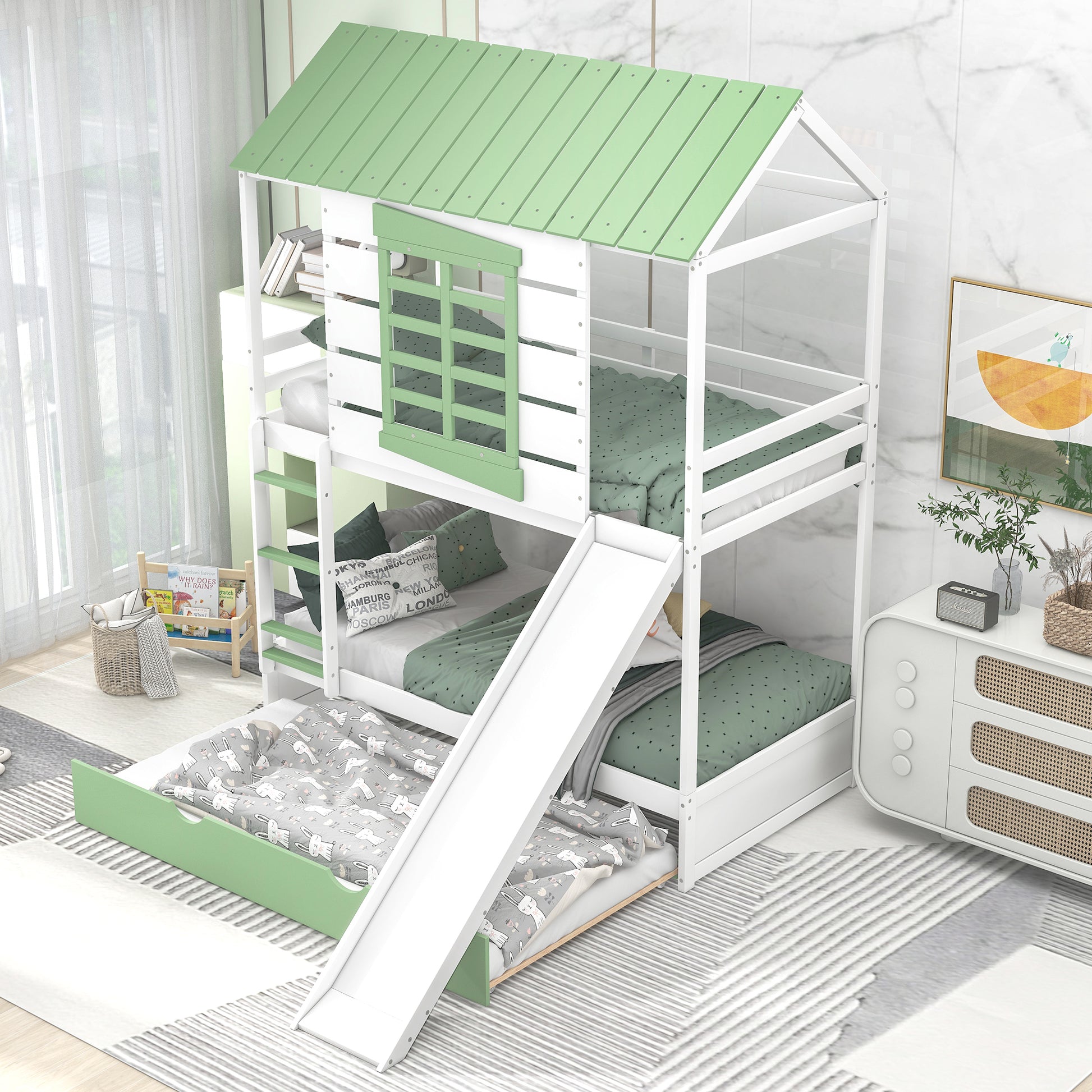 Twin over Twin Size House Bunk Bed with Convertible white-pine