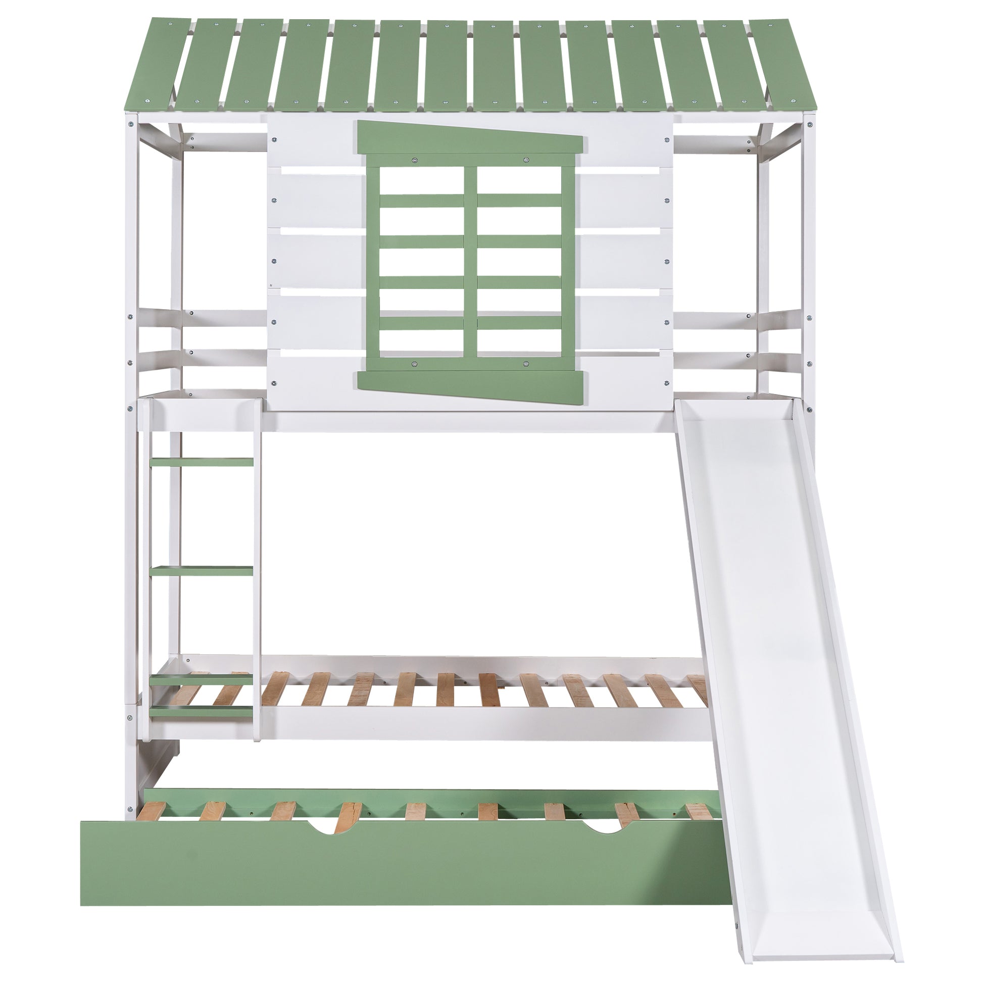 Twin over Twin Size House Bunk Bed with Convertible white-pine