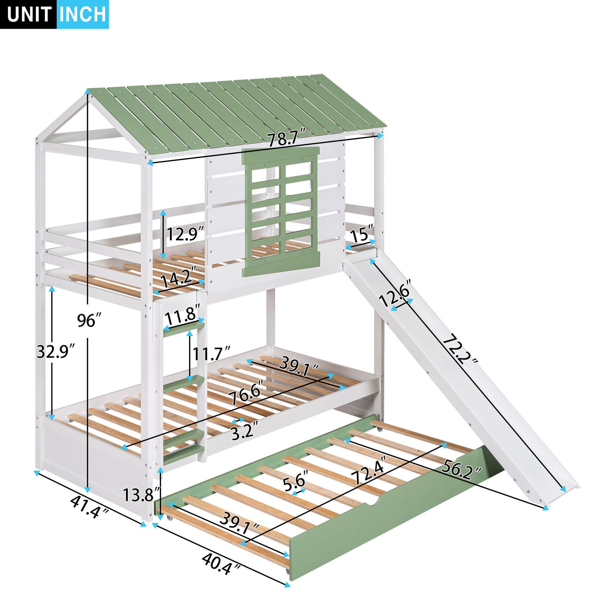 Twin over Twin Size House Bunk Bed with Convertible white-pine