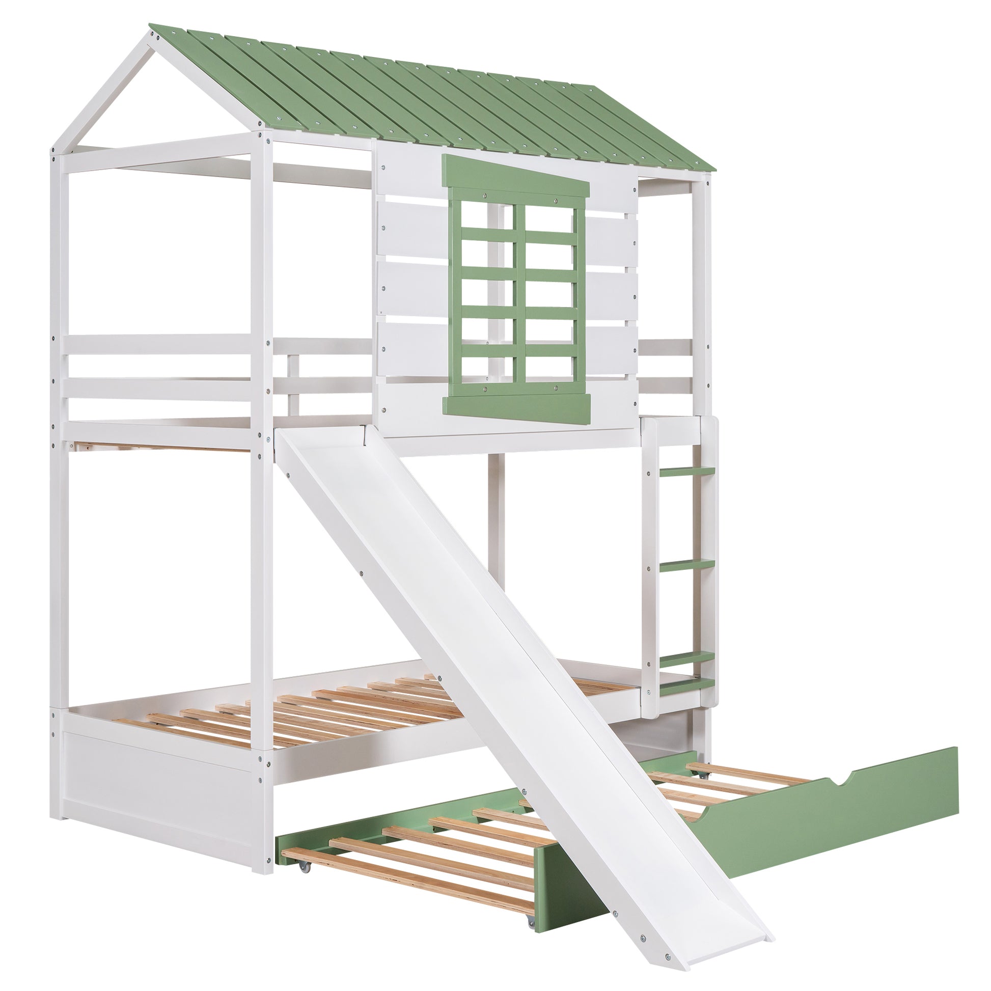 Twin over Twin Size House Bunk Bed with Convertible white-pine