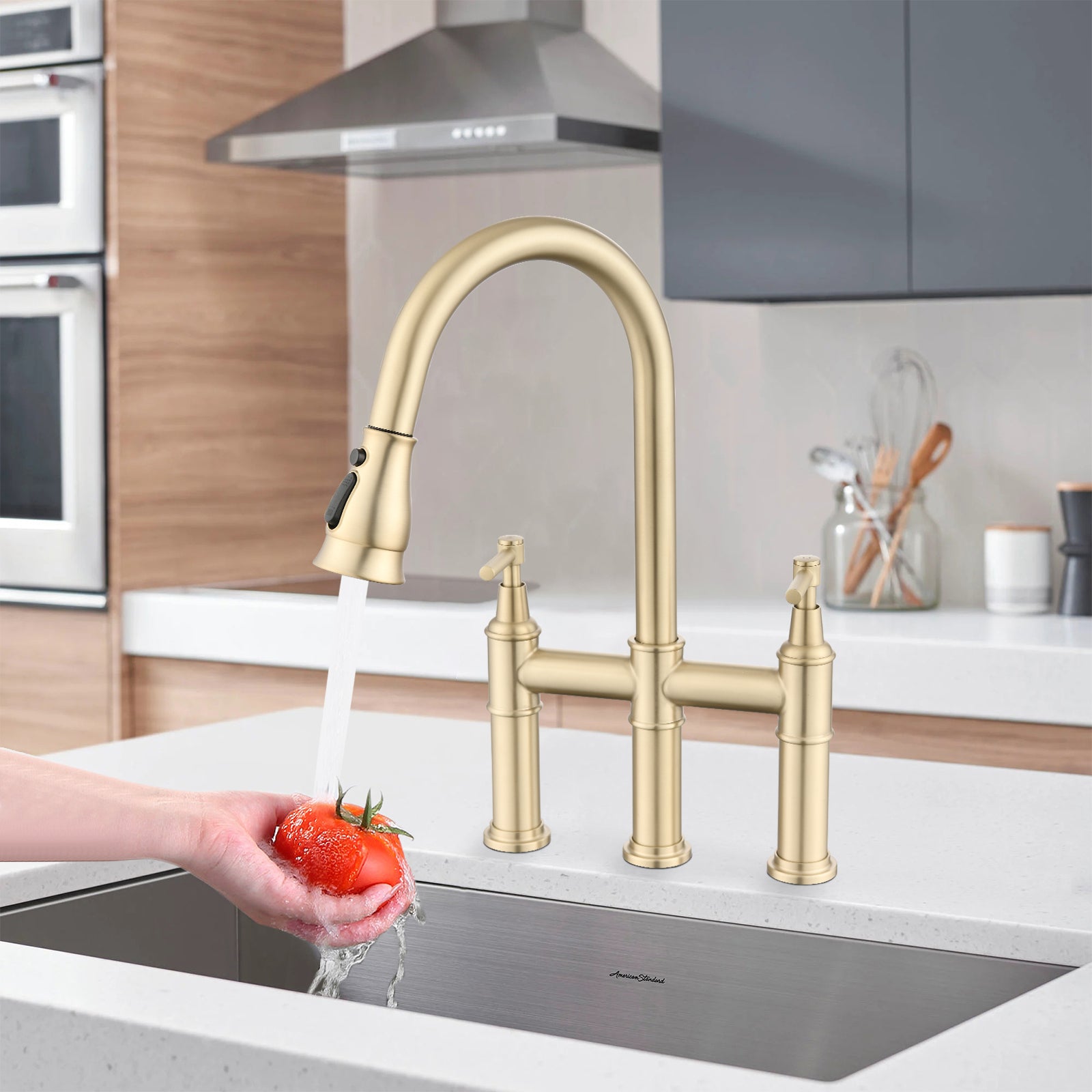 Double Handle Bridge Kitchen Faucet With Pull Down brushed gold-stainless steel