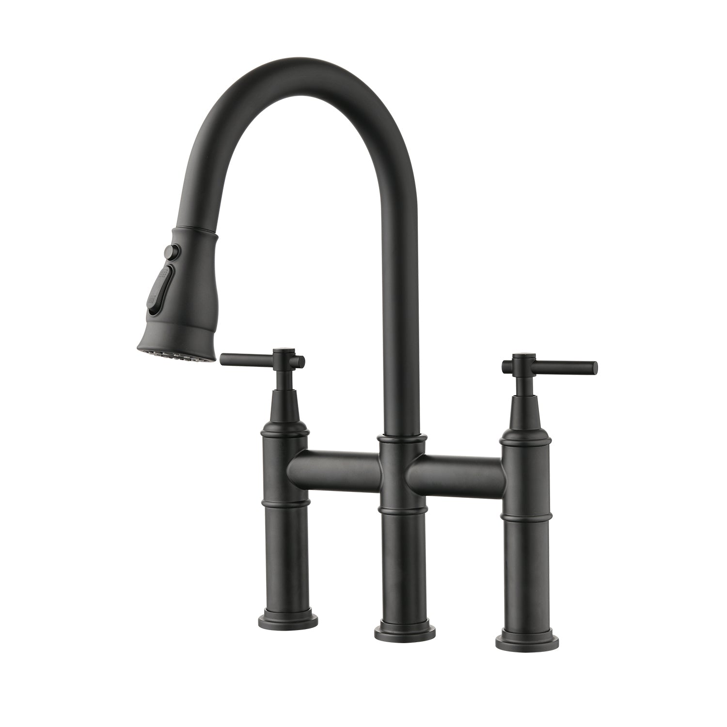 Double Handle Bridge Kitchen Faucet With Pull Down matte black-stainless steel