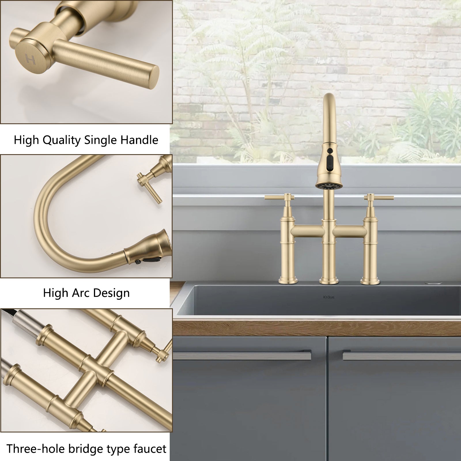 Double Handle Bridge Kitchen Faucet With Pull Down brushed gold-stainless steel