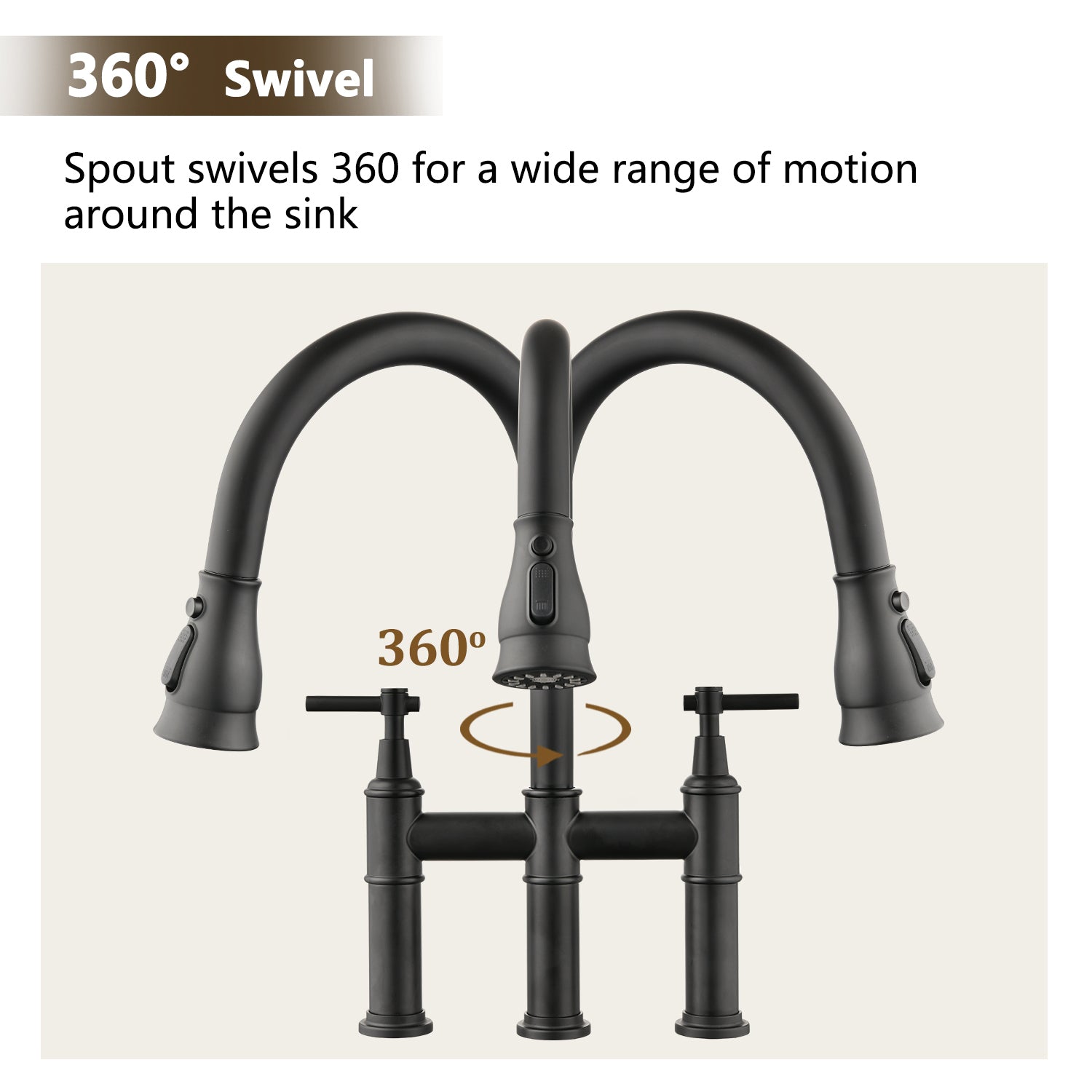 Double Handle Bridge Kitchen Faucet With Pull Down matte black-stainless steel