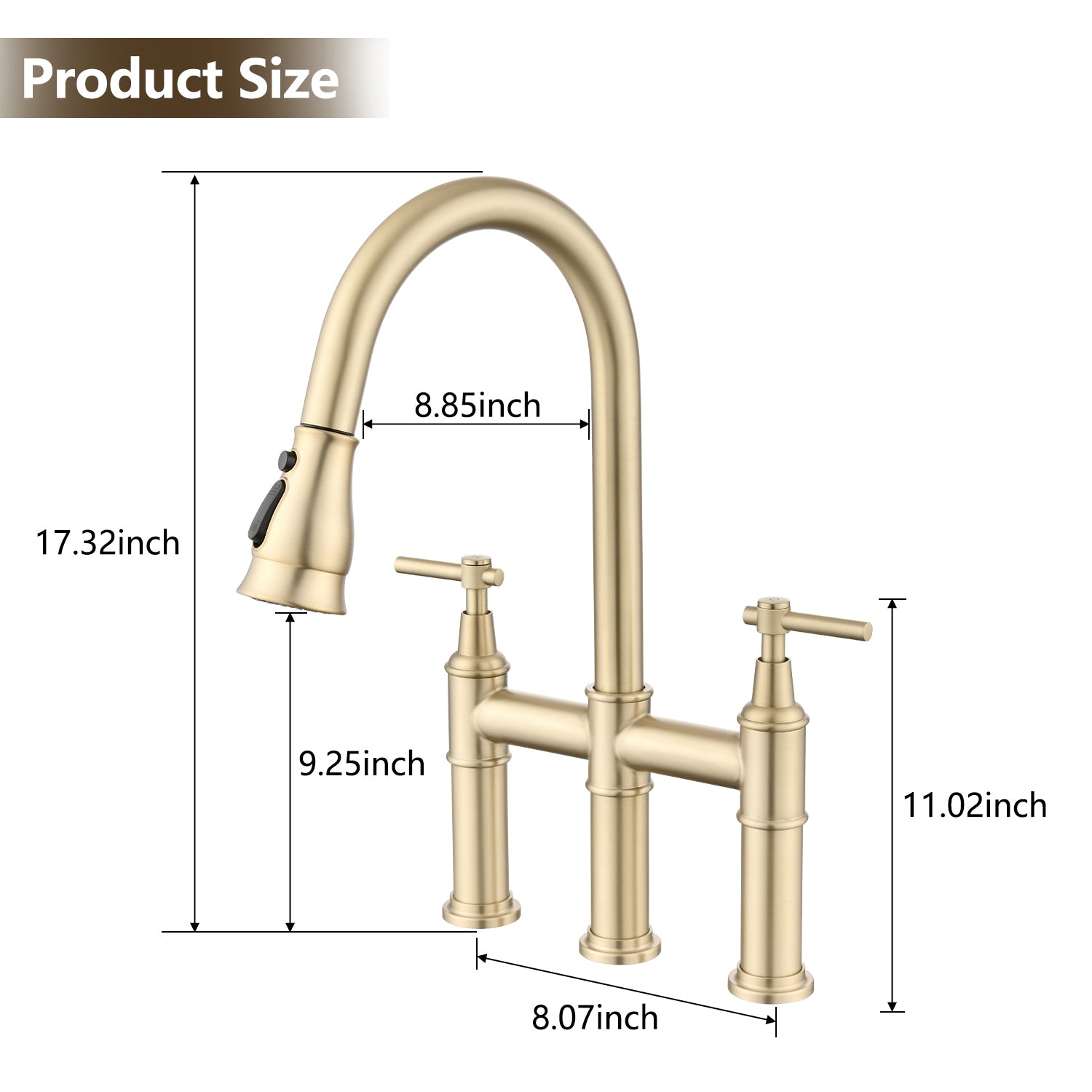 Double Handle Bridge Kitchen Faucet With Pull Down brushed gold-stainless steel