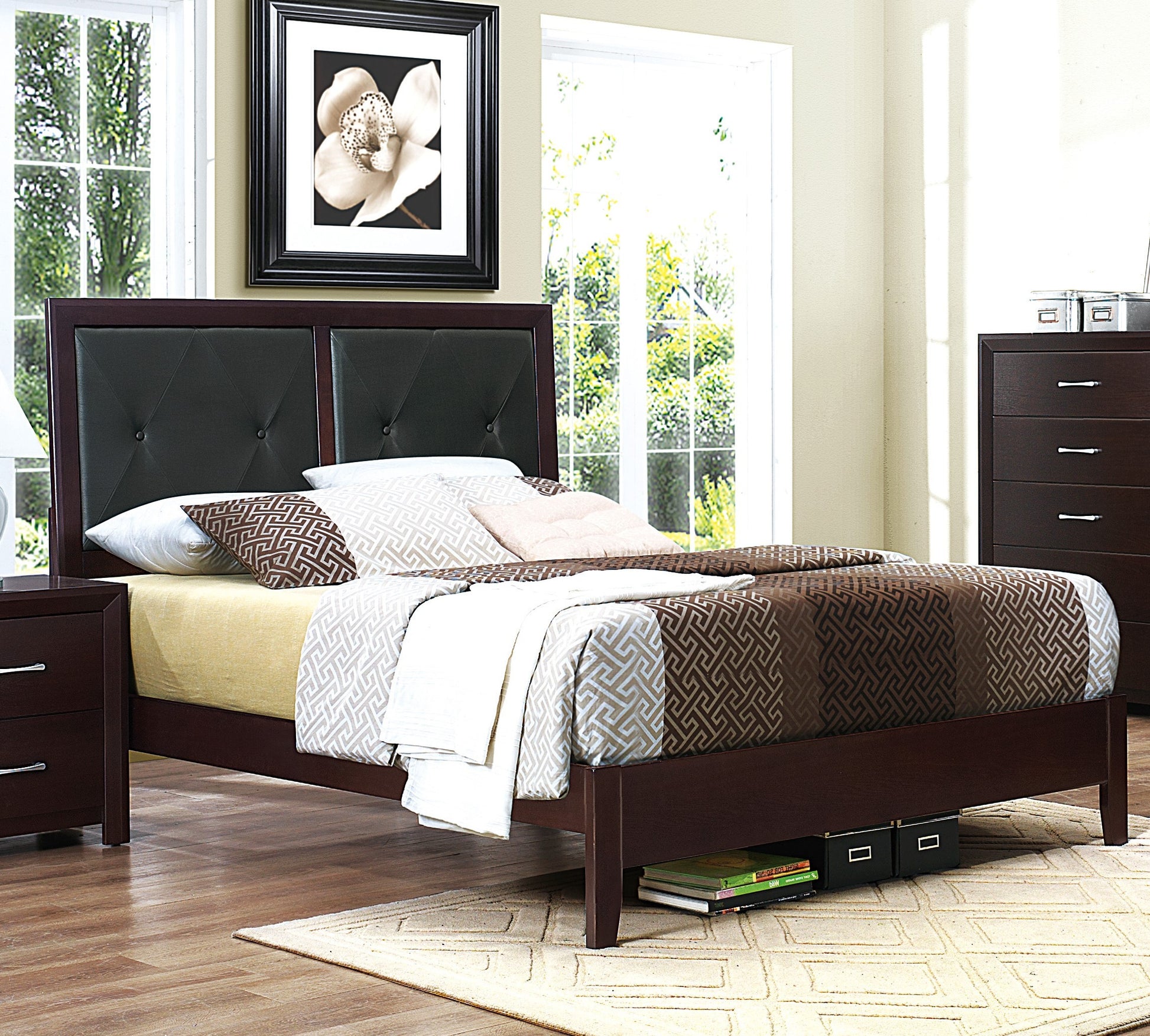 Espresso Finish 1pc Queen Size Bed Faux Leather queen-espresso-bedroom-contemporary-wood