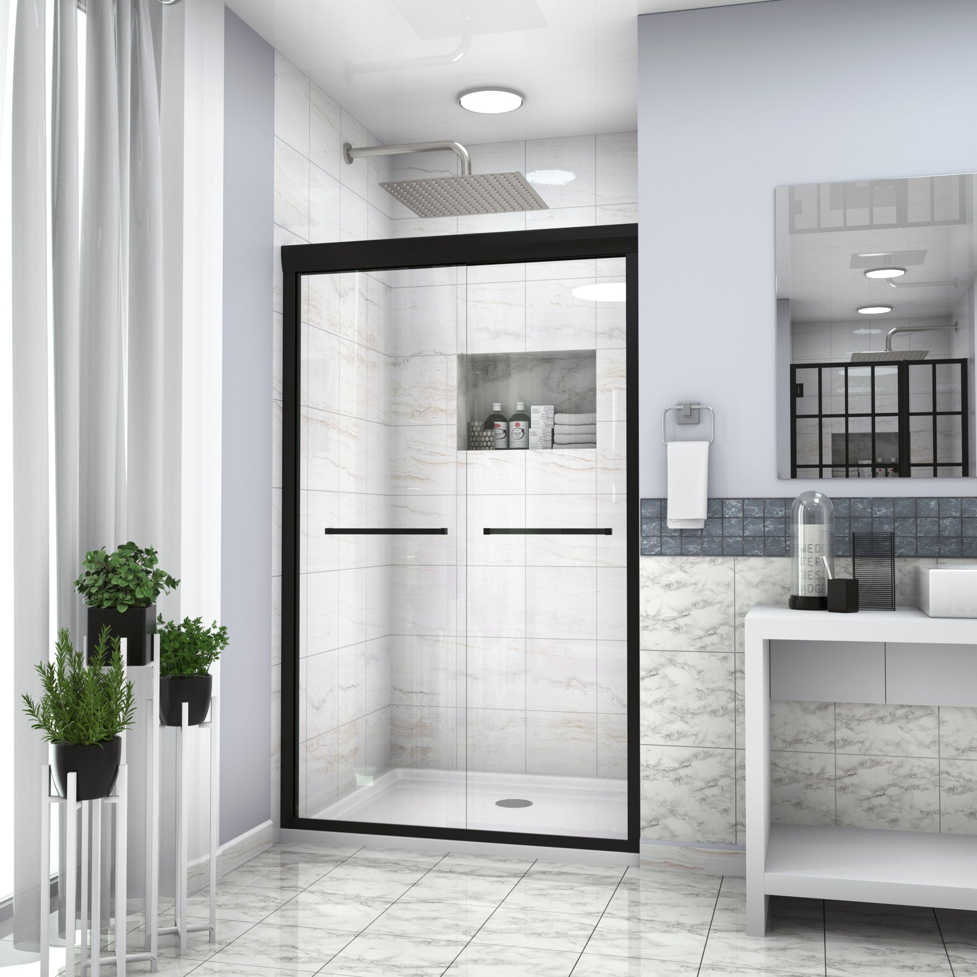 Shower Door 48" W x 76"H Double Sliding Shower matte black-glass