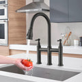 Double Handle Bridge Kitchen Faucet With Pull Down matte black-stainless steel