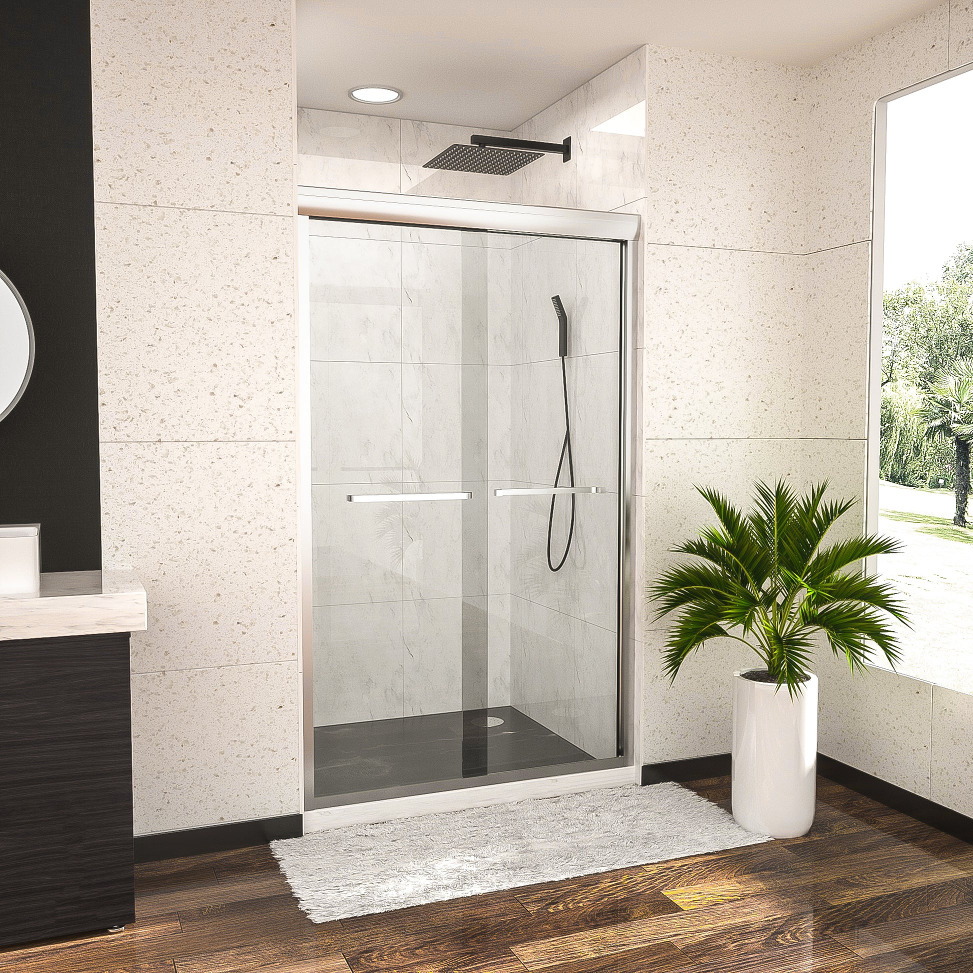 Shower Door 48" W x 76"H Semi Frameless Bypass Sliding chrome-glass