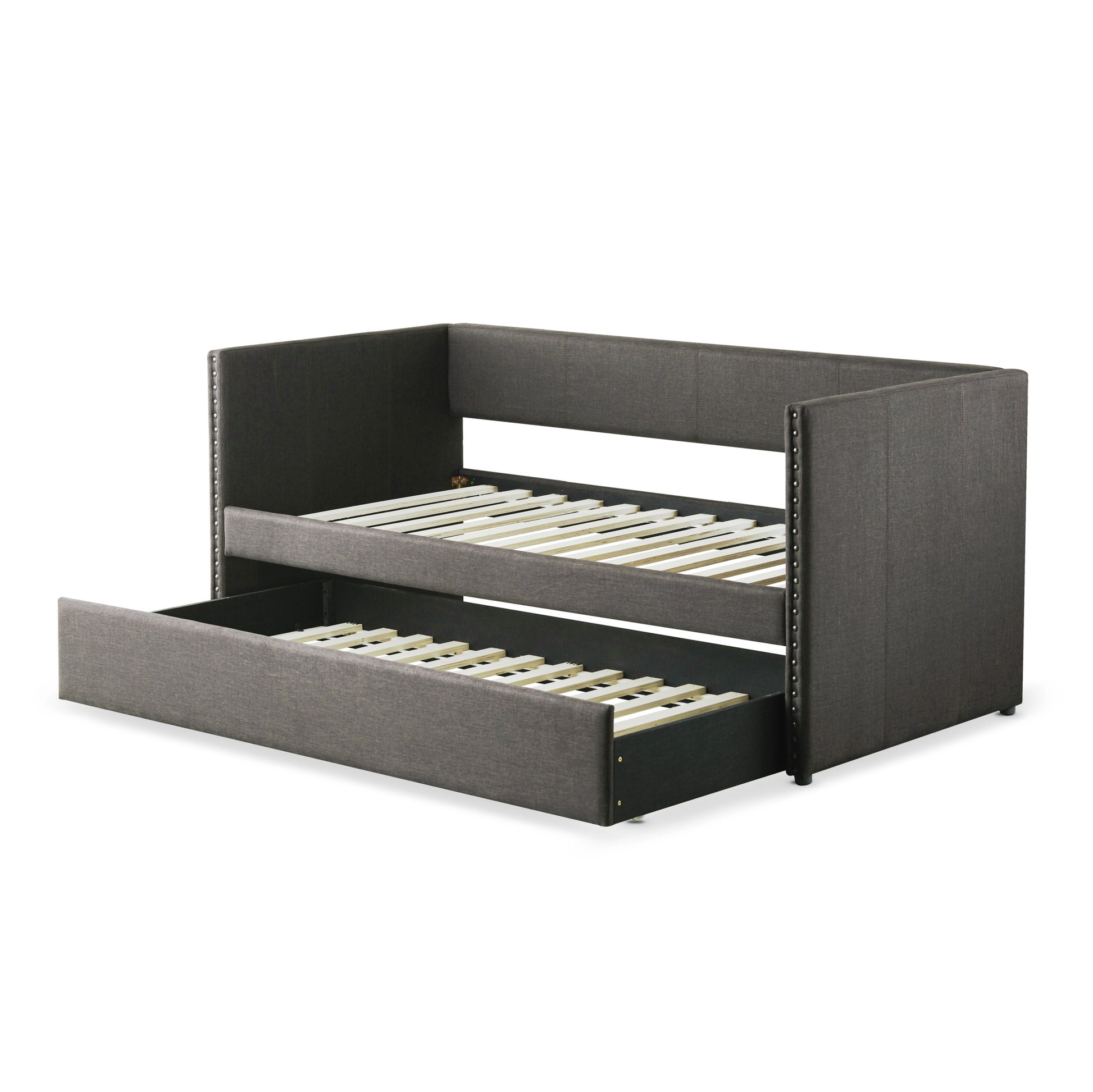 Gray Fabric Upholstered 1pc Day Bed with Pull out box spring not required-gray-bedroom-wood