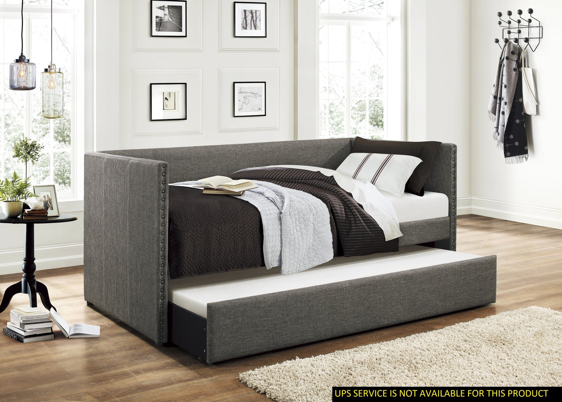 Gray Fabric Upholstered 1pc Day Bed with Pull out box spring not required-gray-bedroom-wood