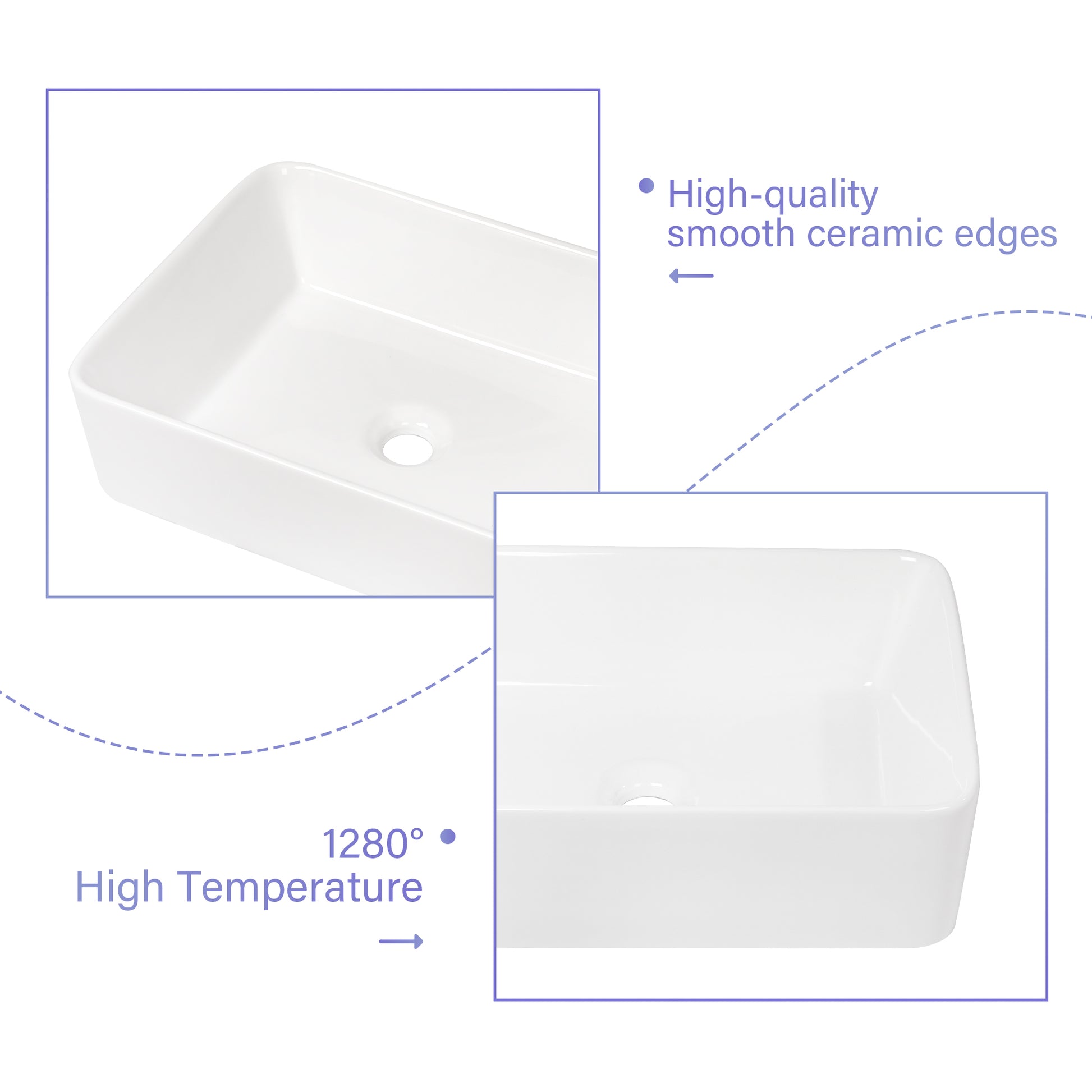 19"x15" White Ceramic Rectangular Vessel Bathroom Sink white-ceramic