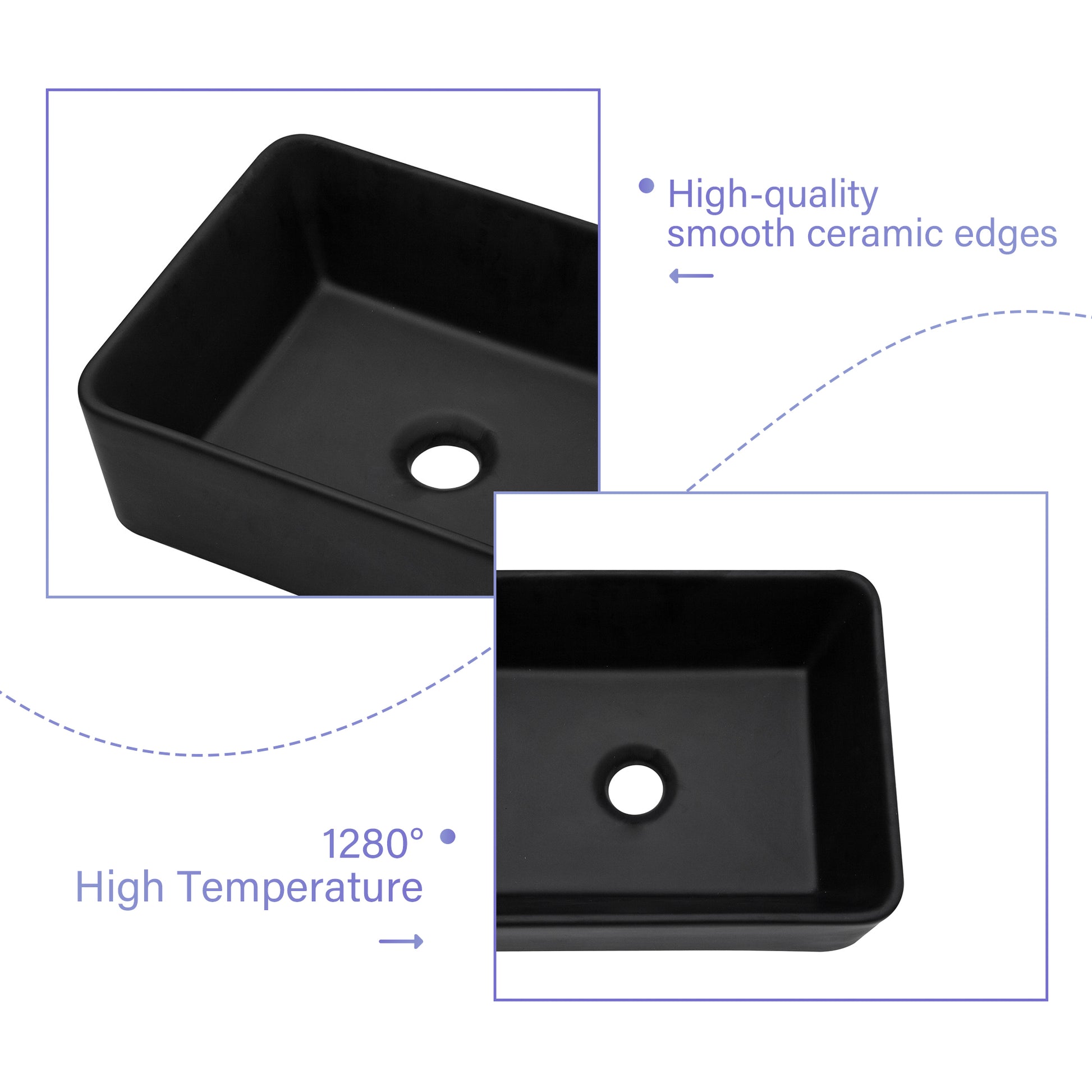 16"x12" Black Ceramic Rectangular Vessel Bathroom Sink matte black-ceramic