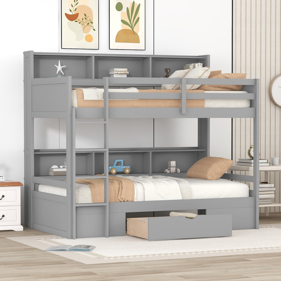 Twin Size Bunk Bed With Built In Shelves Beside