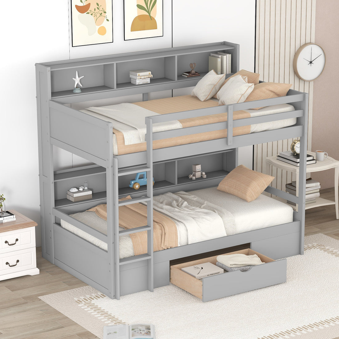 Twin Size Bunk Bed With Built In Shelves Beside