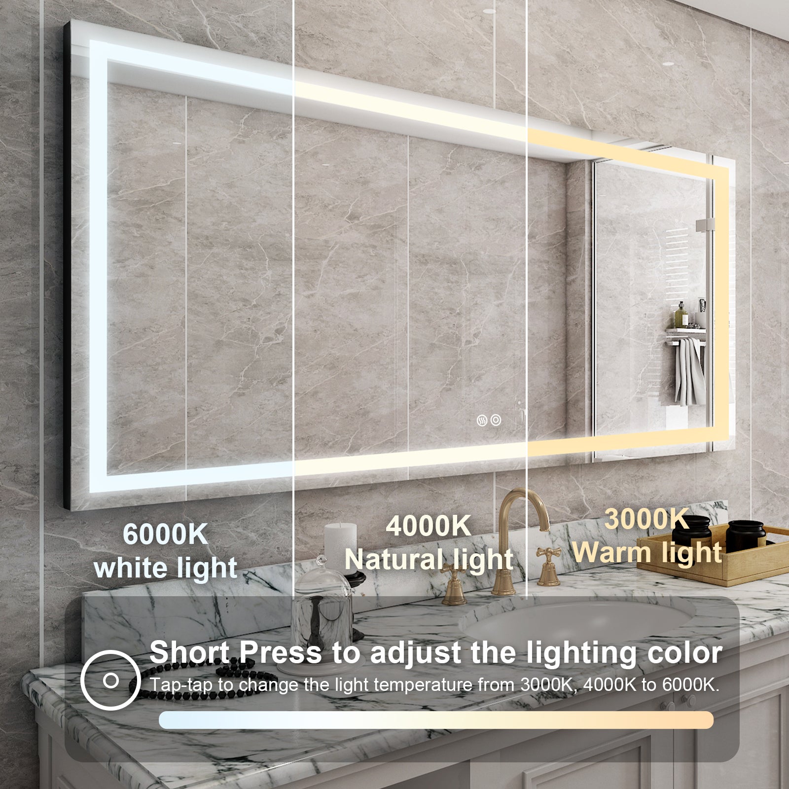 72x36 Inch LED Lighted Bathroom Mirror with 3 Colors silver-aluminium