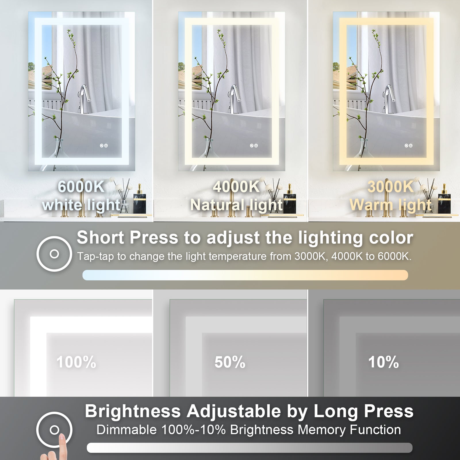 24x36 Inch LED Lighted Bathroom Mirror with 3 Colors silver-aluminium