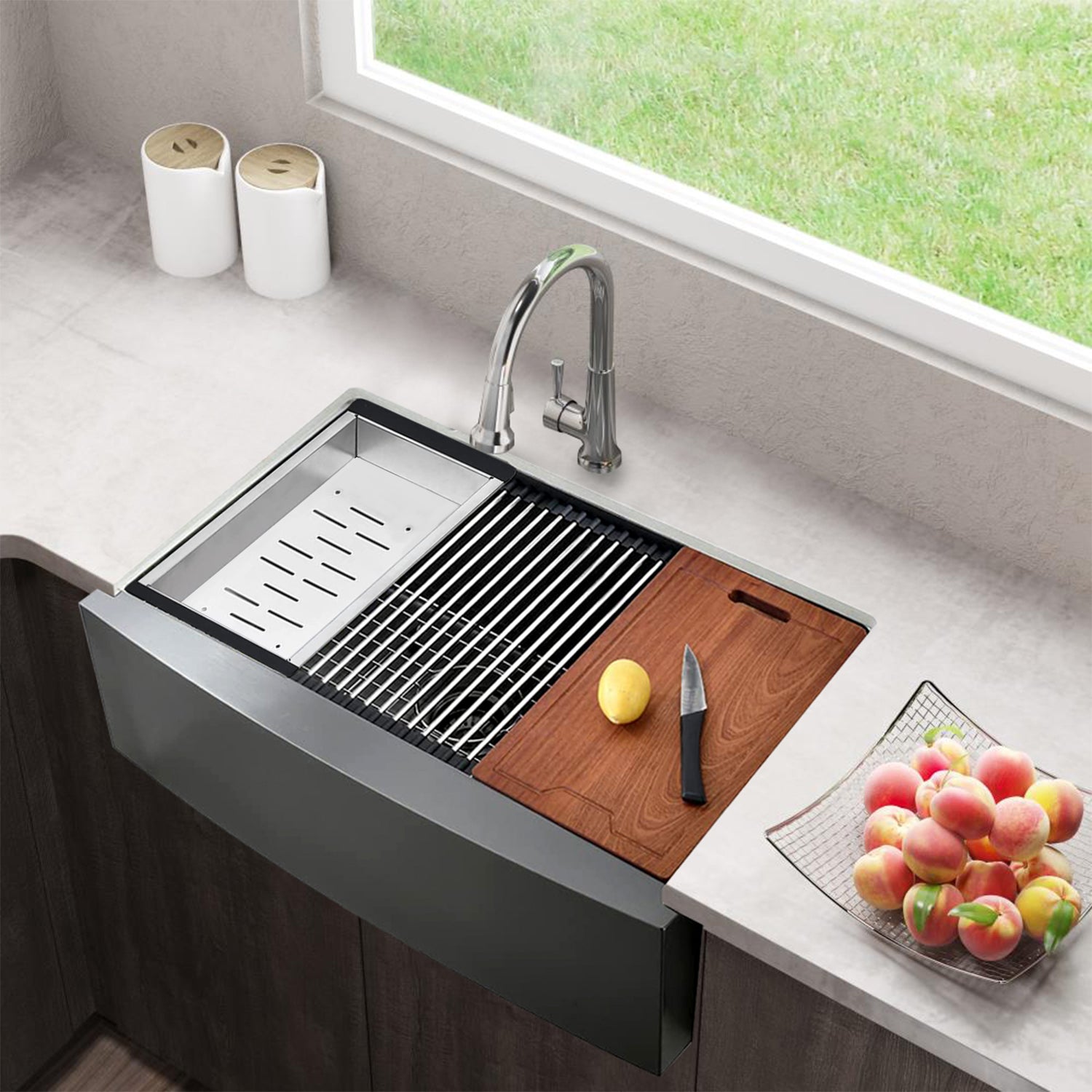 33" L X 22" W Farmhouse Kitchen Sink Matte Black gunmetal black-stainless steel