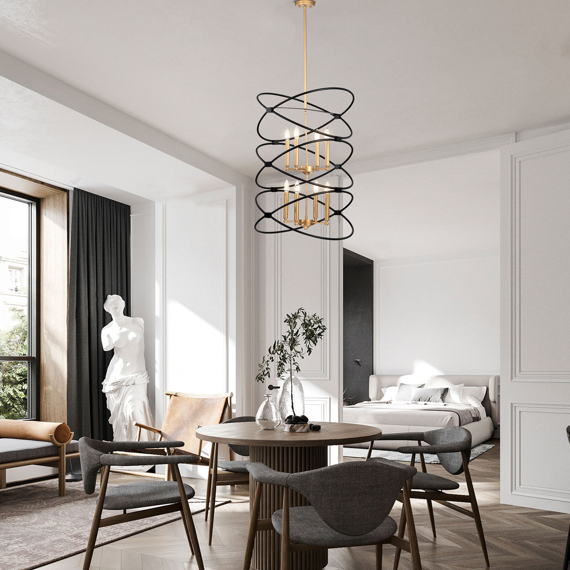 Transitional Gold Matte Black Metal Chandelier