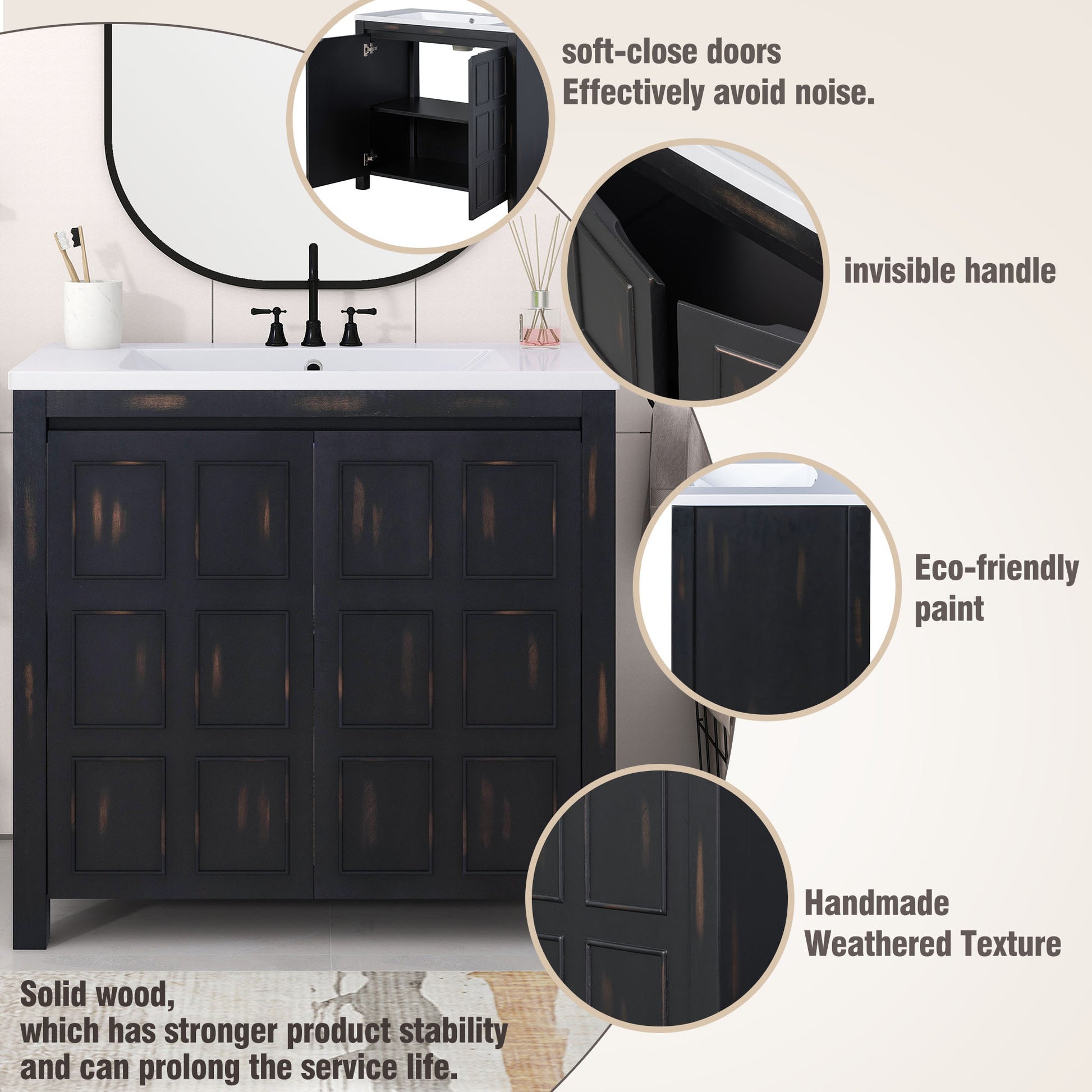 36" Bathroom Vanity Organizer with Sink, Combo Cabinet espresso-solid wood+mdf+resin