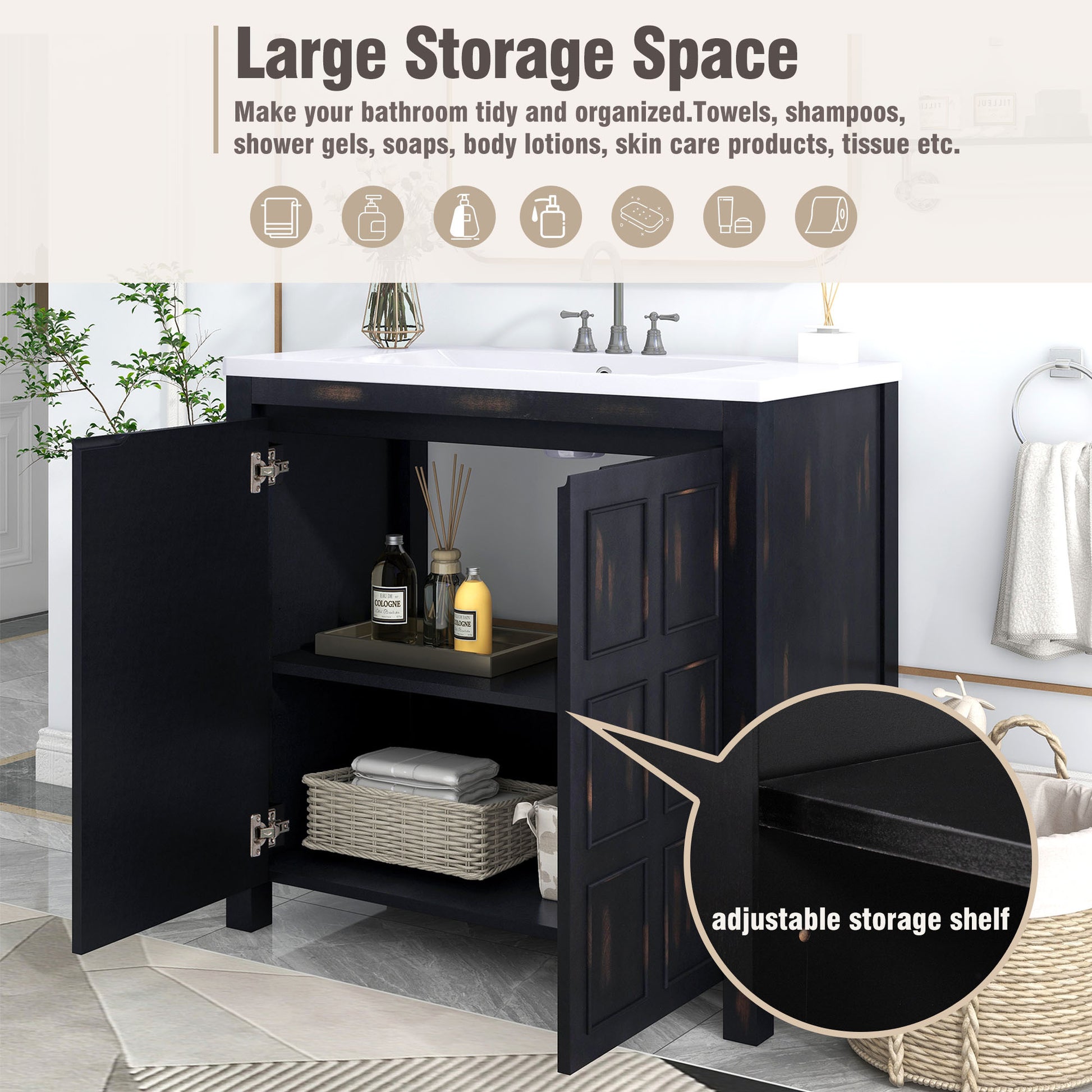 36" Bathroom Vanity Organizer with Sink, Combo Cabinet espresso-solid wood+mdf+resin