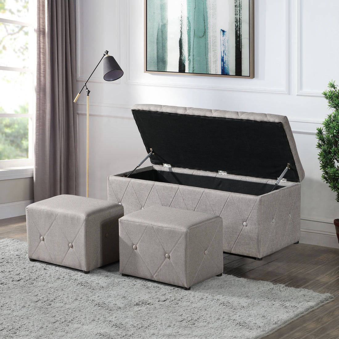 1 Piece Rectangular Storage Ottoman Fabric Linen with beige-linen