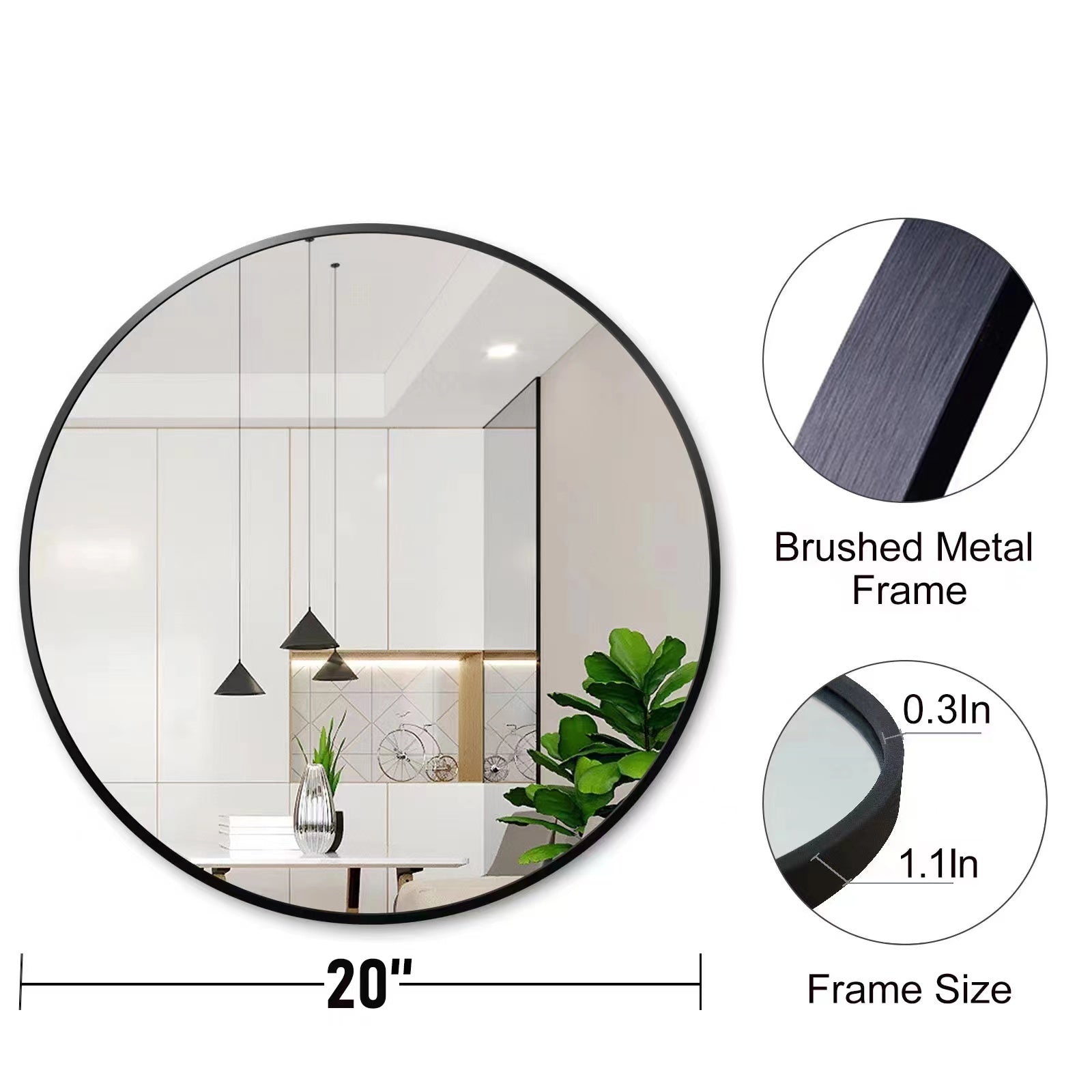 Black 20 Inch Metal Round Bathroom Mirror - Black