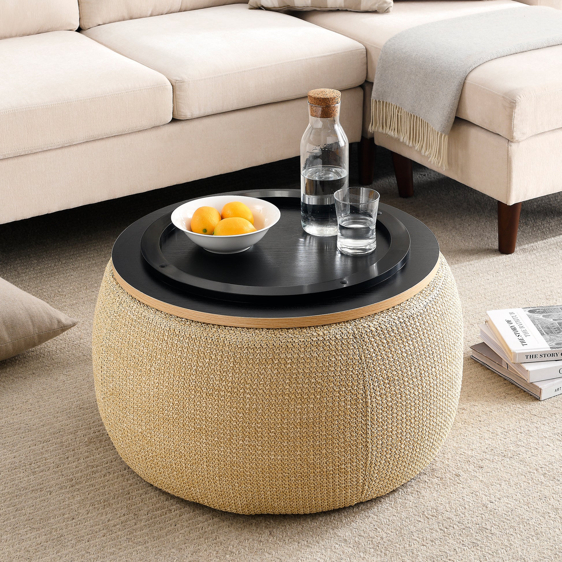 Round Storage Ottoman, 2 in 1 Function, Work as End natural-plastic