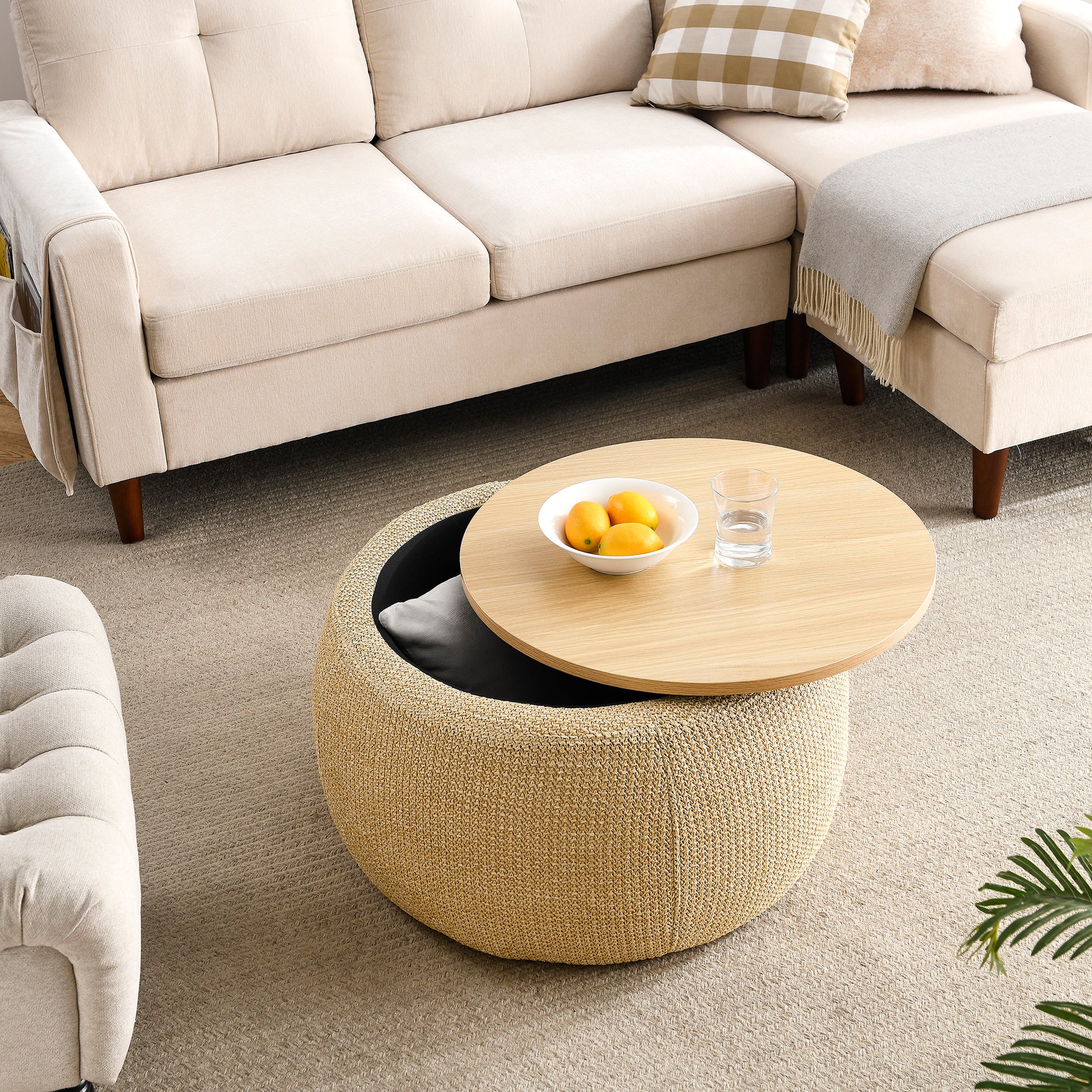 Round Storage Ottoman, 2 in 1 Function, Work as End natural-plastic