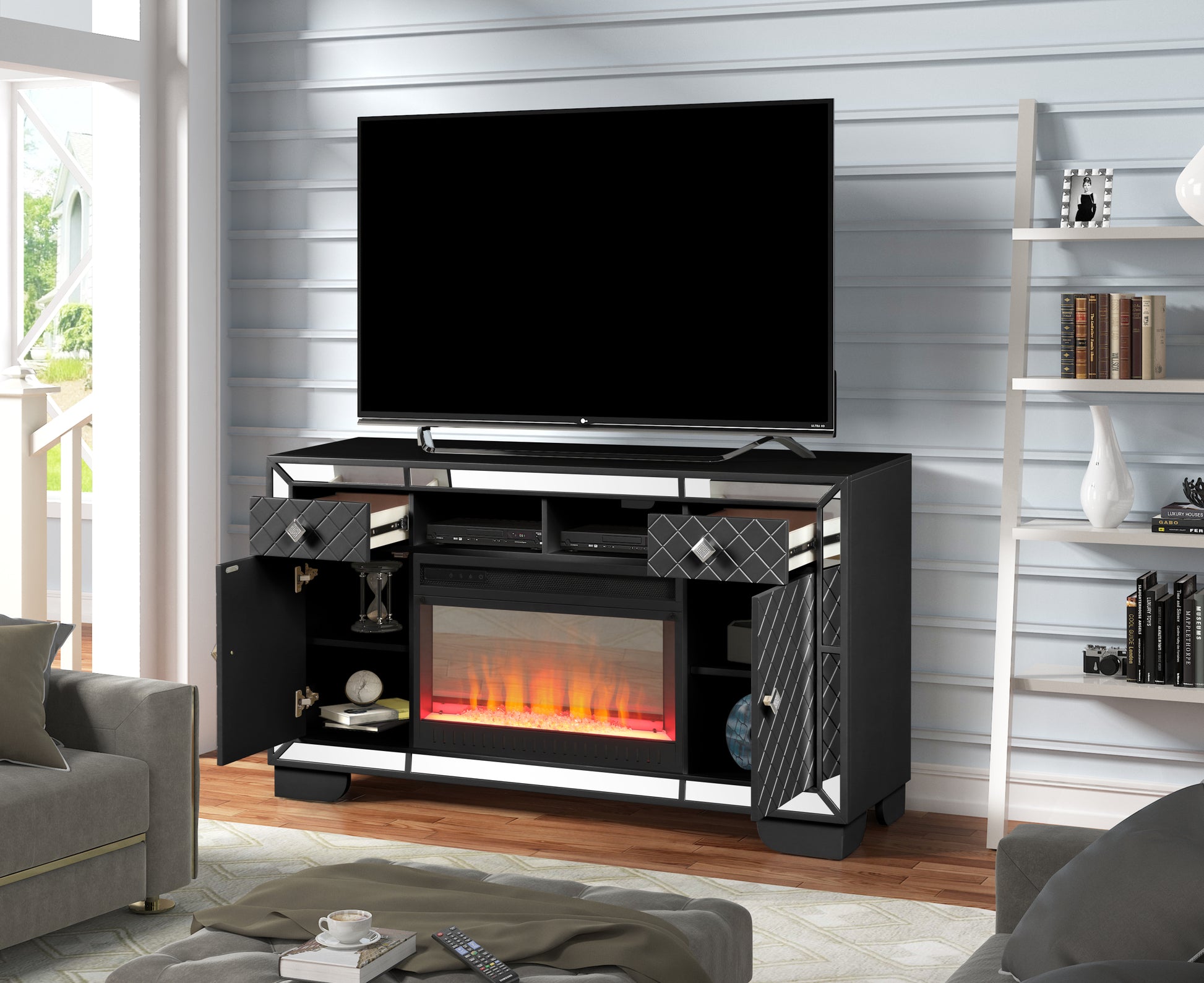 Madison TV Stand With Electric Fireplace in Black 60-70-black-400-primary living