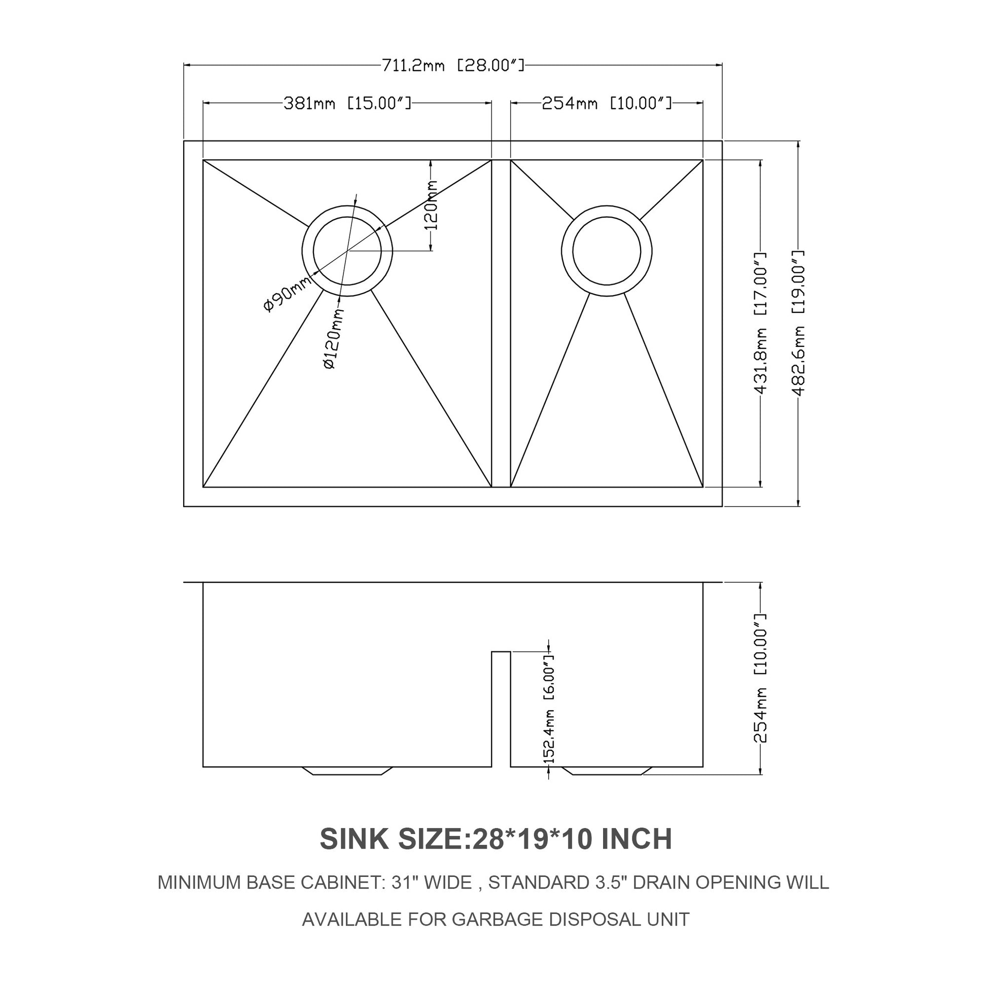 Double Bowl 60 40 Undermount Sink 28"x19" Double Bowl brushed nickel-stainless steel