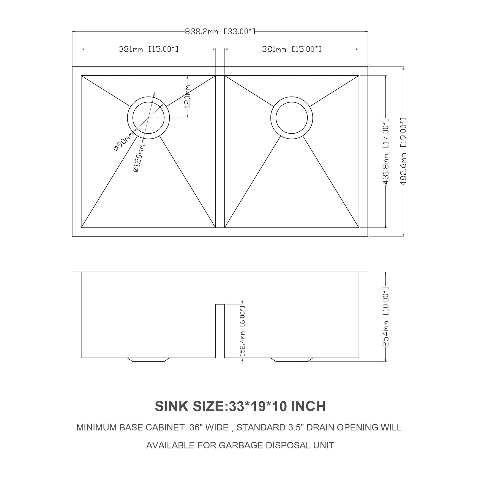 Double Bowl 50 50 Undermount Sink 33"x19" Double Bowl brushed nickel-stainless steel