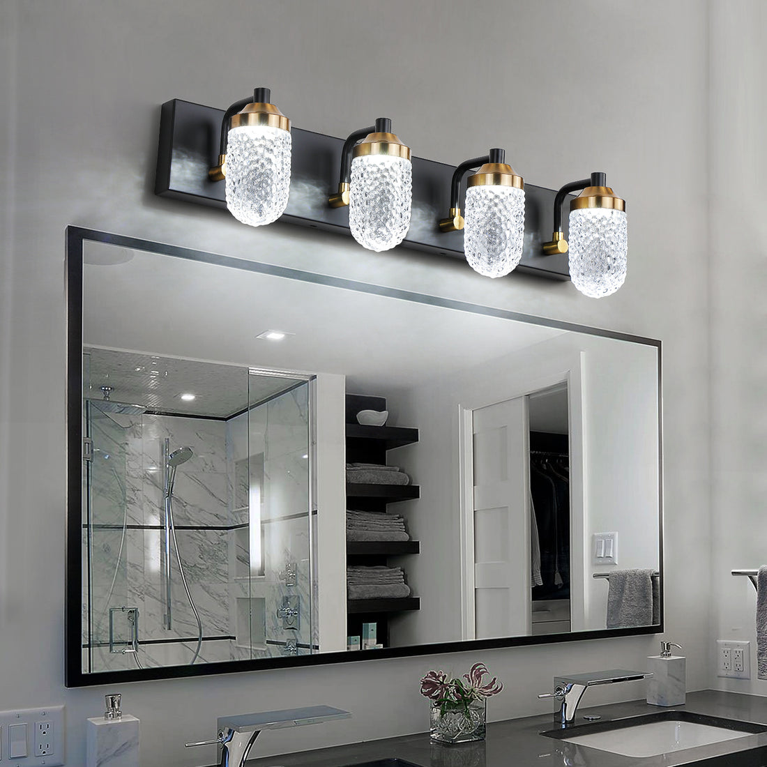 Vanity Lights With 4 LED Bulbs For Bathroom Lighting black-glass