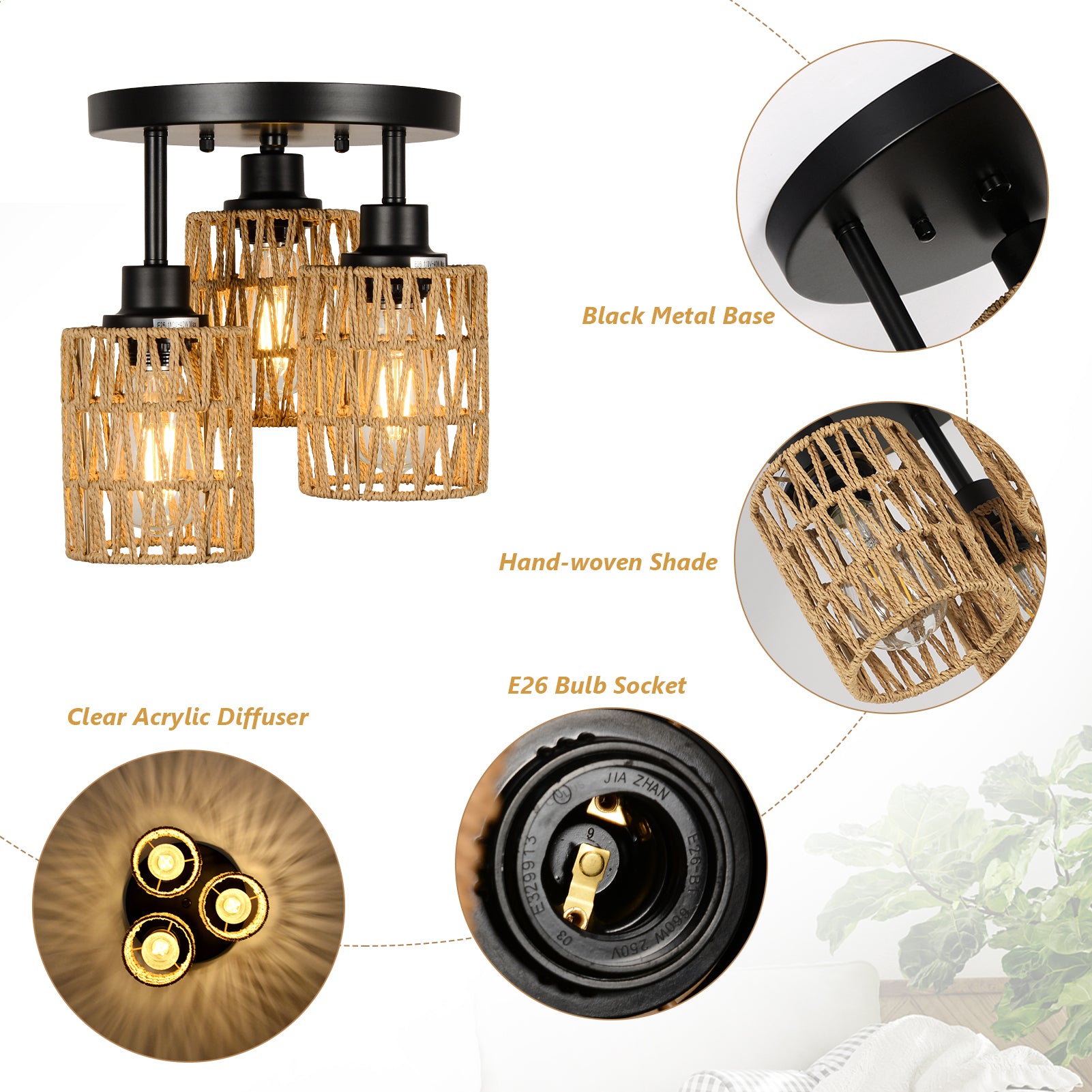 3 Lights Boho Flush Mount Light