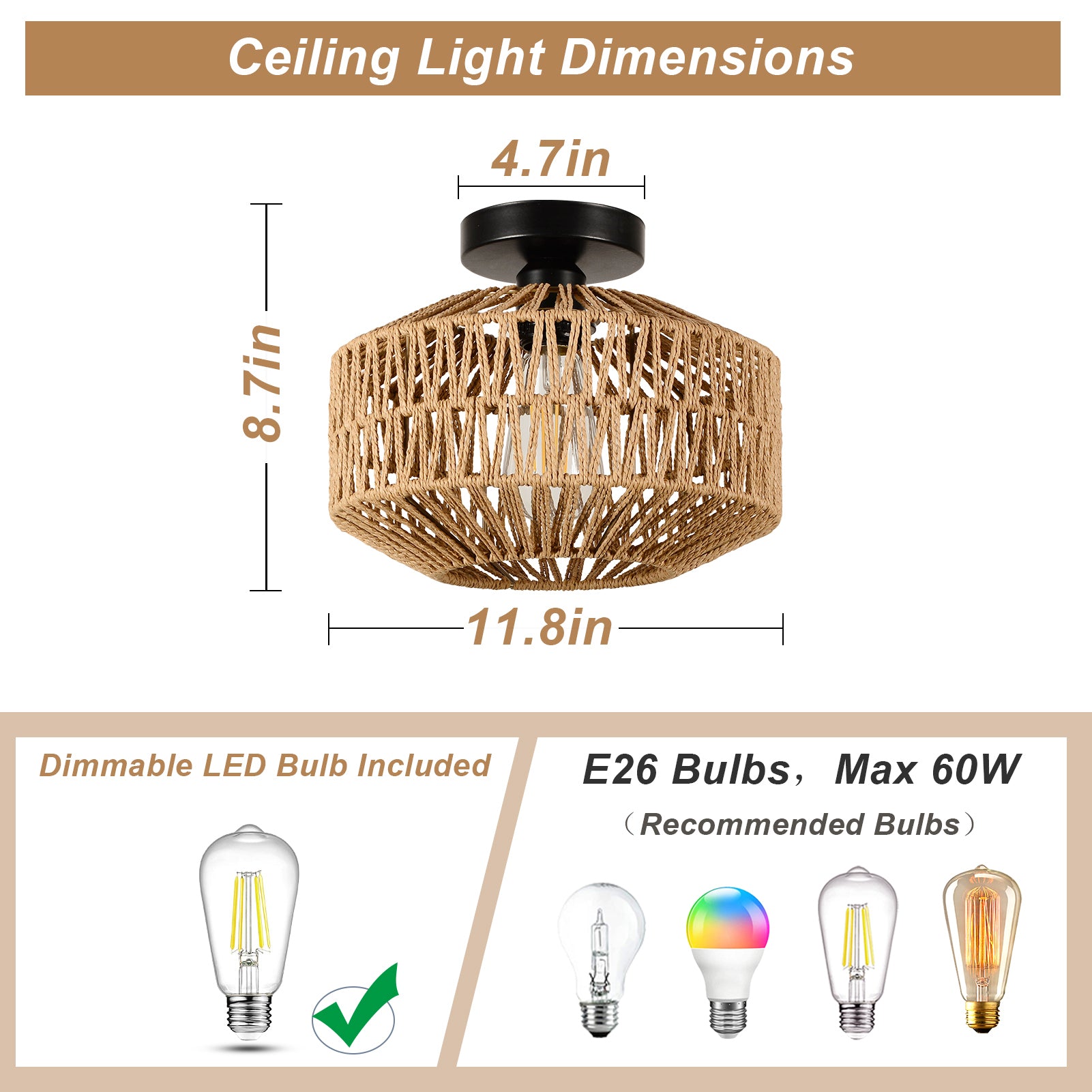 Mini Rattan Flush Mount Light with Dimmable Led