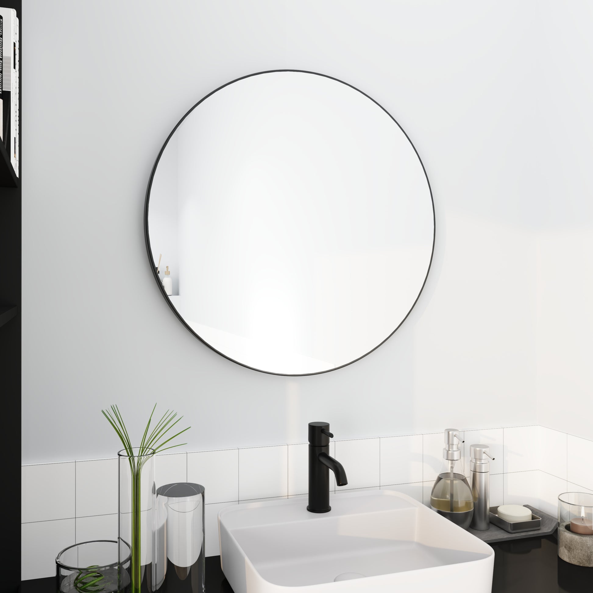 24" Large Round Black Circular Mirror black-glass