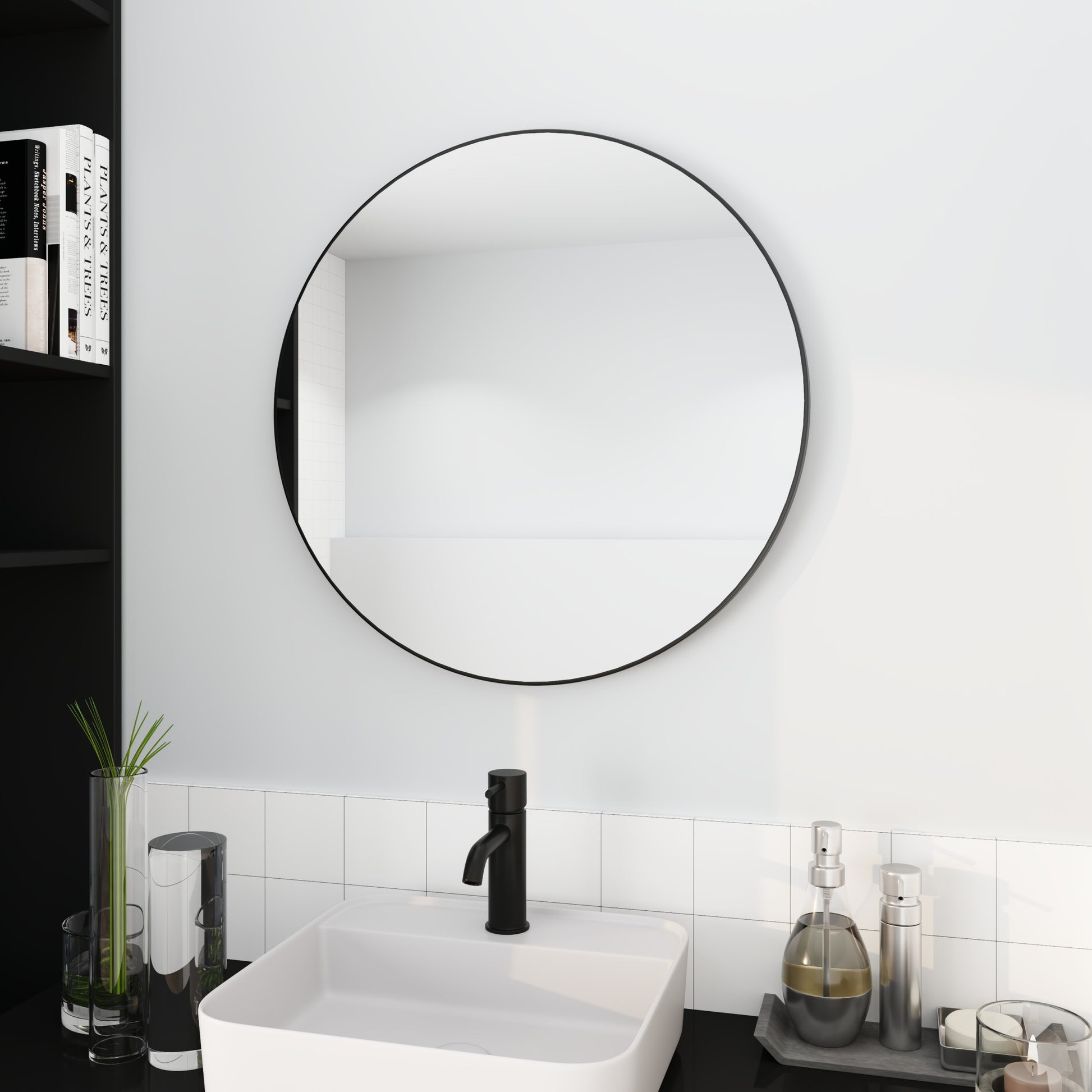 24" Large Round Black Circular Mirror black-glass