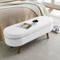 Ottoman Oval Storage Bench,Rubber Wood Legs,White white-linen