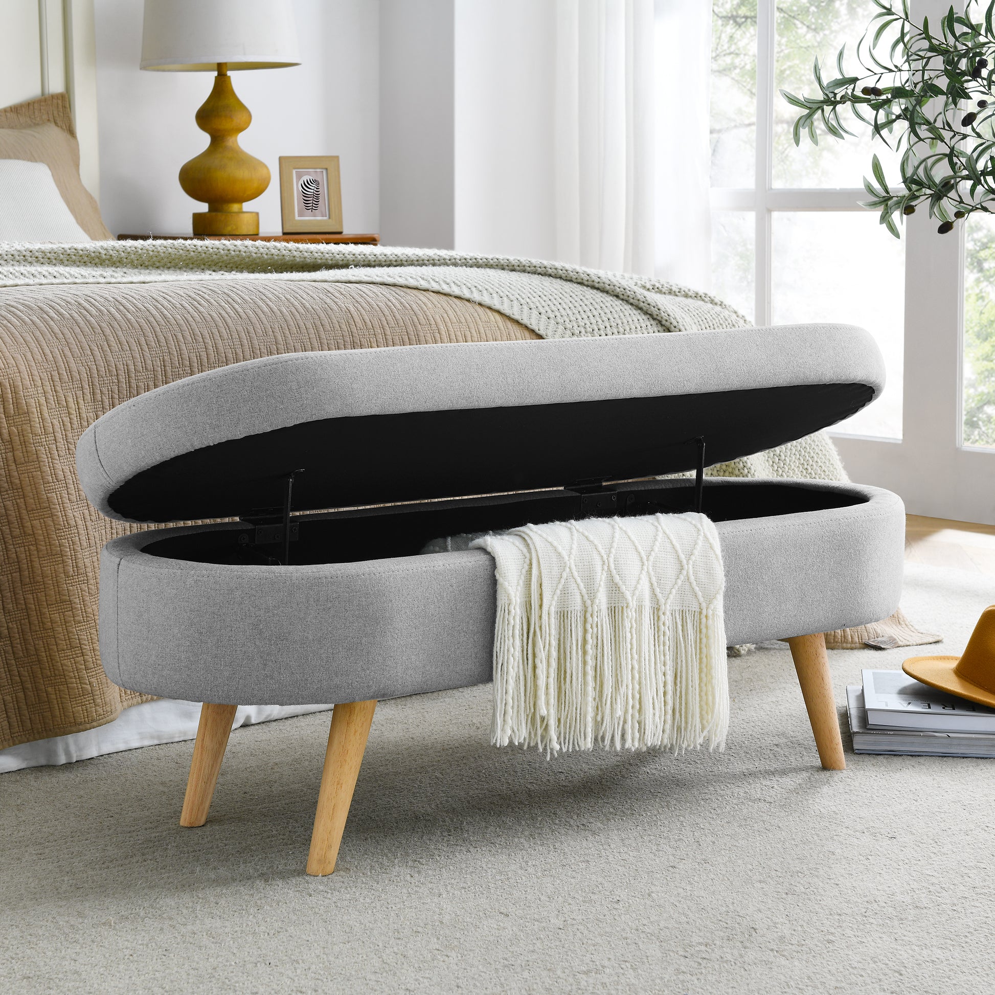 Ottoman Oval Storage Bench, Rubber Wood Legs, Grey grey-linen