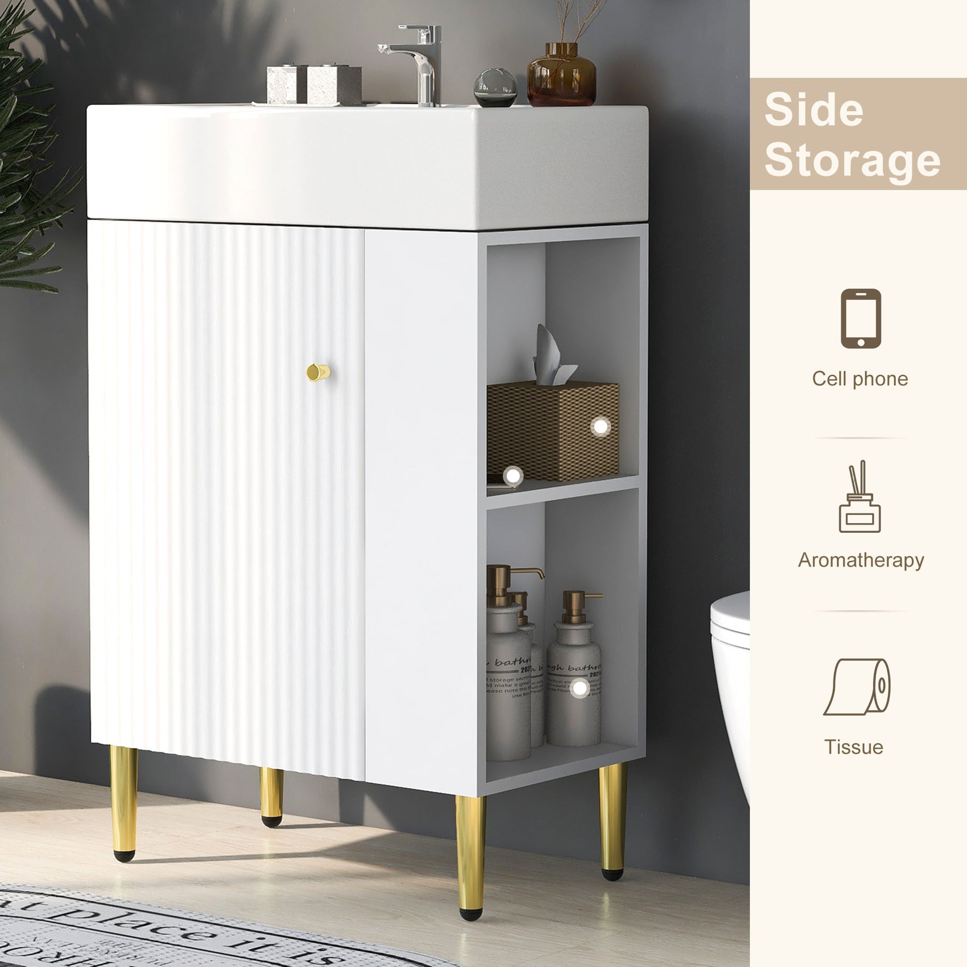 21.6" white Bathroom vanity, Combo Cabinet, Bathroom white-ceramic+mdf